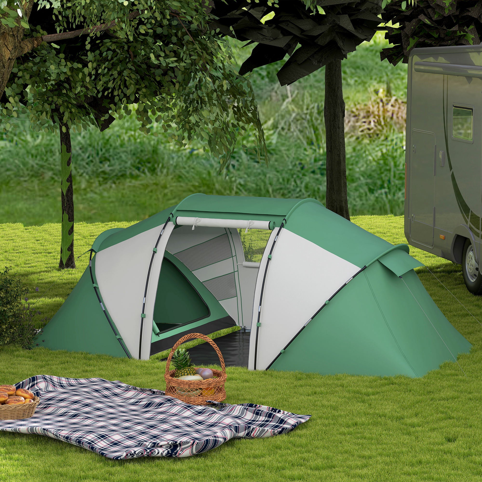 Outsunny 4-6 Man UV Protection Camping Tent - Green and White - North Peak Garden Furniture