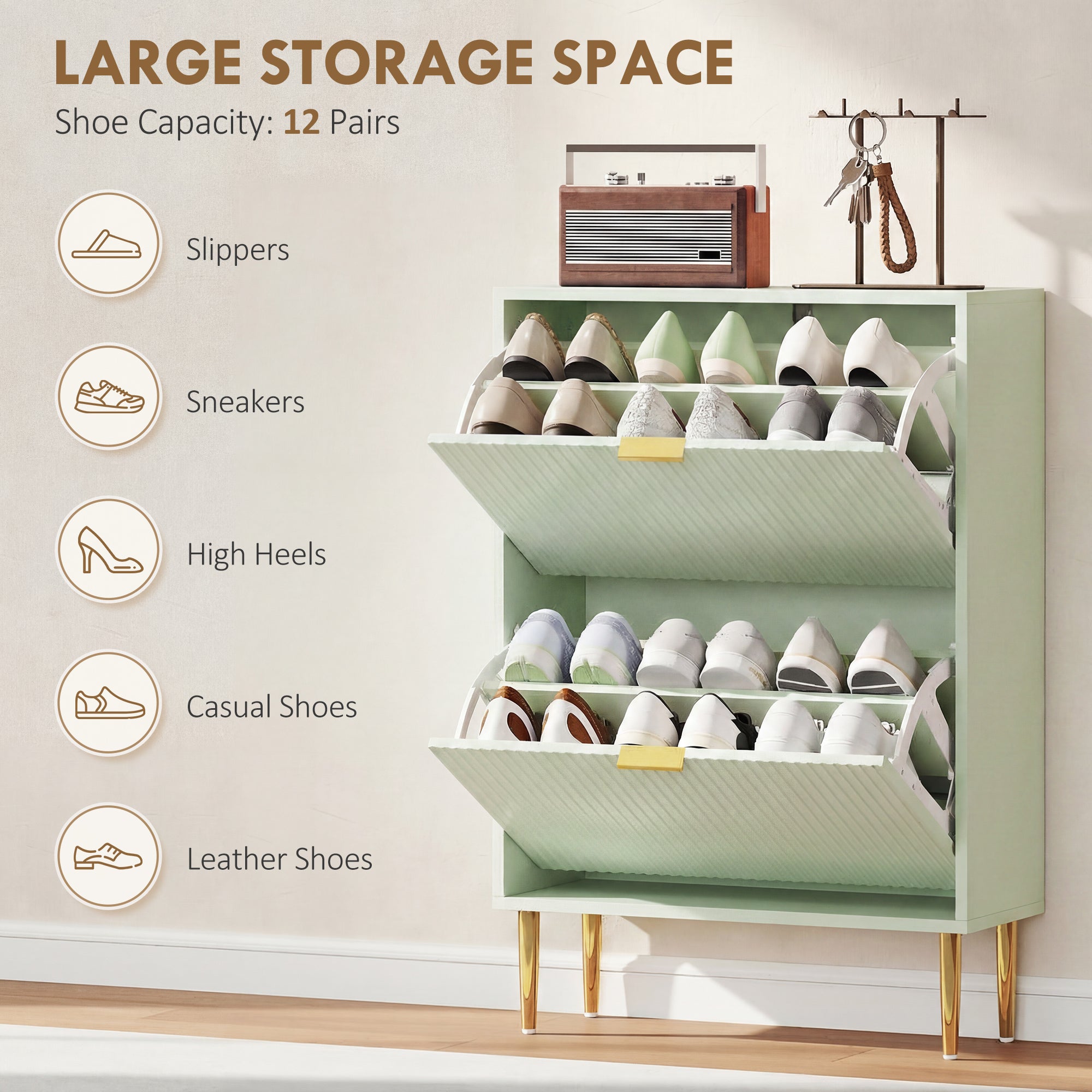 HOMCOM Elegant Two-Drawer Shoe Cabinet - Light Green