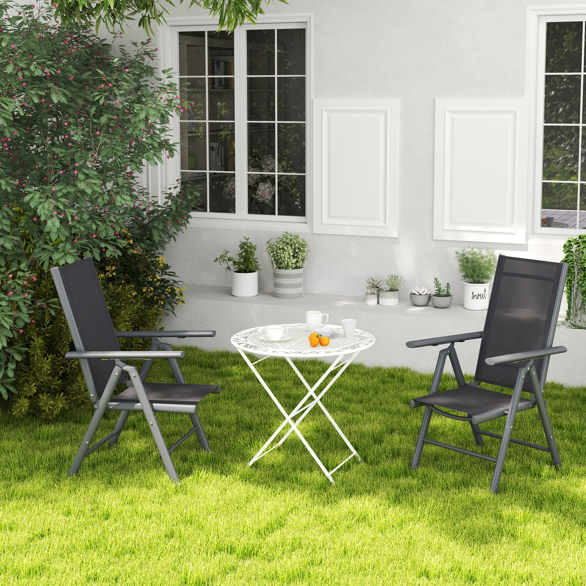 Outsunny Set of 2 Folding Chair, Aluminium Frame Outdoor Camping Chairs with Breathable Mesh Back and Seat, Garden Chair Set with Armrests for Balcony, Dark Grey - North Peak Garden Furniture
