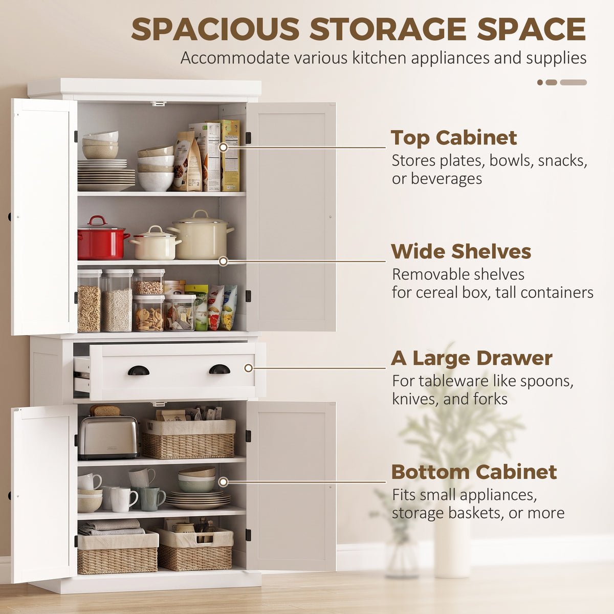 HOMCOM Tall Kitchen Cupboard, 183 cm Freestanding Storage Cabinet with Drawer, 4 Doors and Adjustable Shelves, White