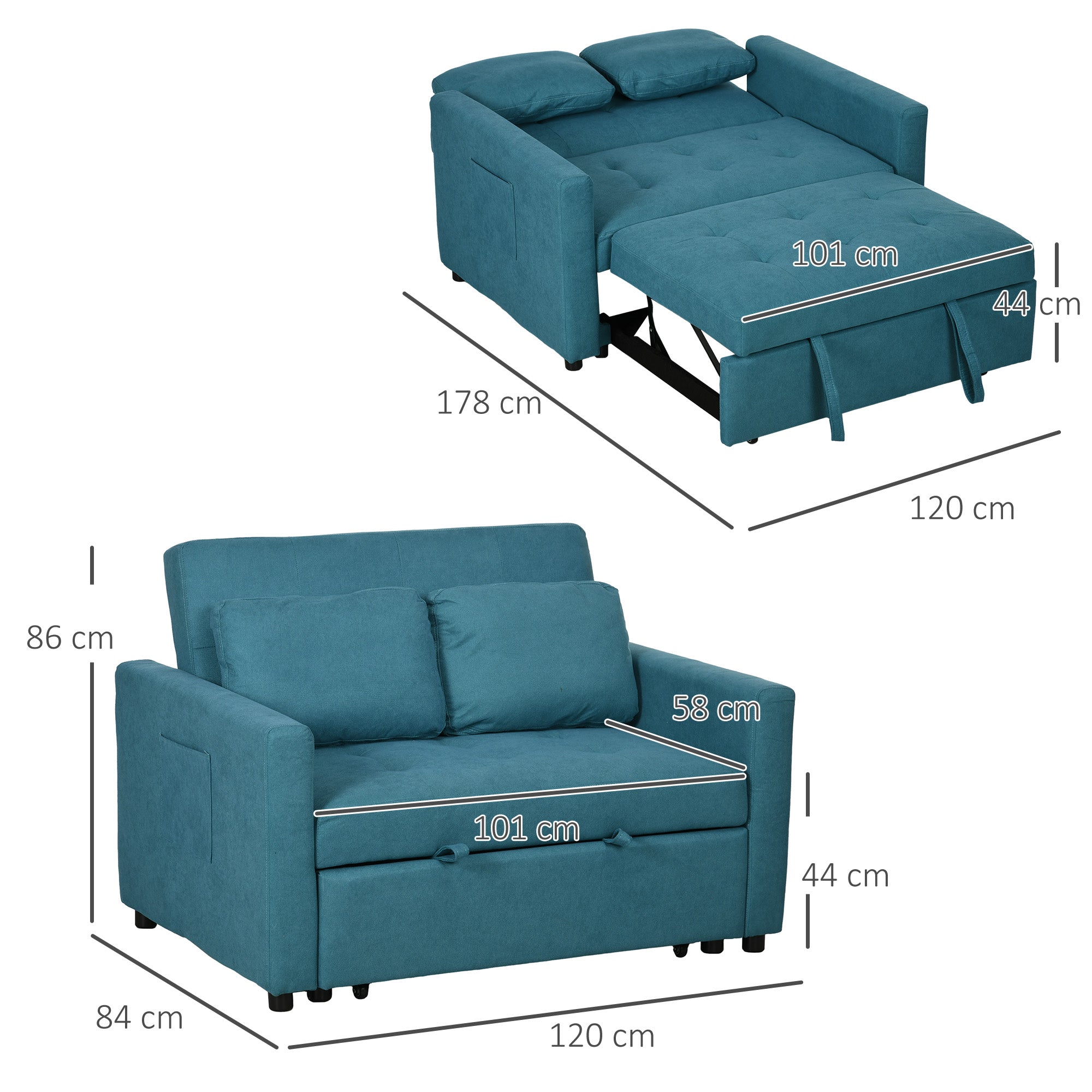 HOMCOM Loveseat Sofa Bed, Convertible Bed Settee with 2 Cushions, Side Pockets for Living Room, Blue - North Peak Garden Furniture