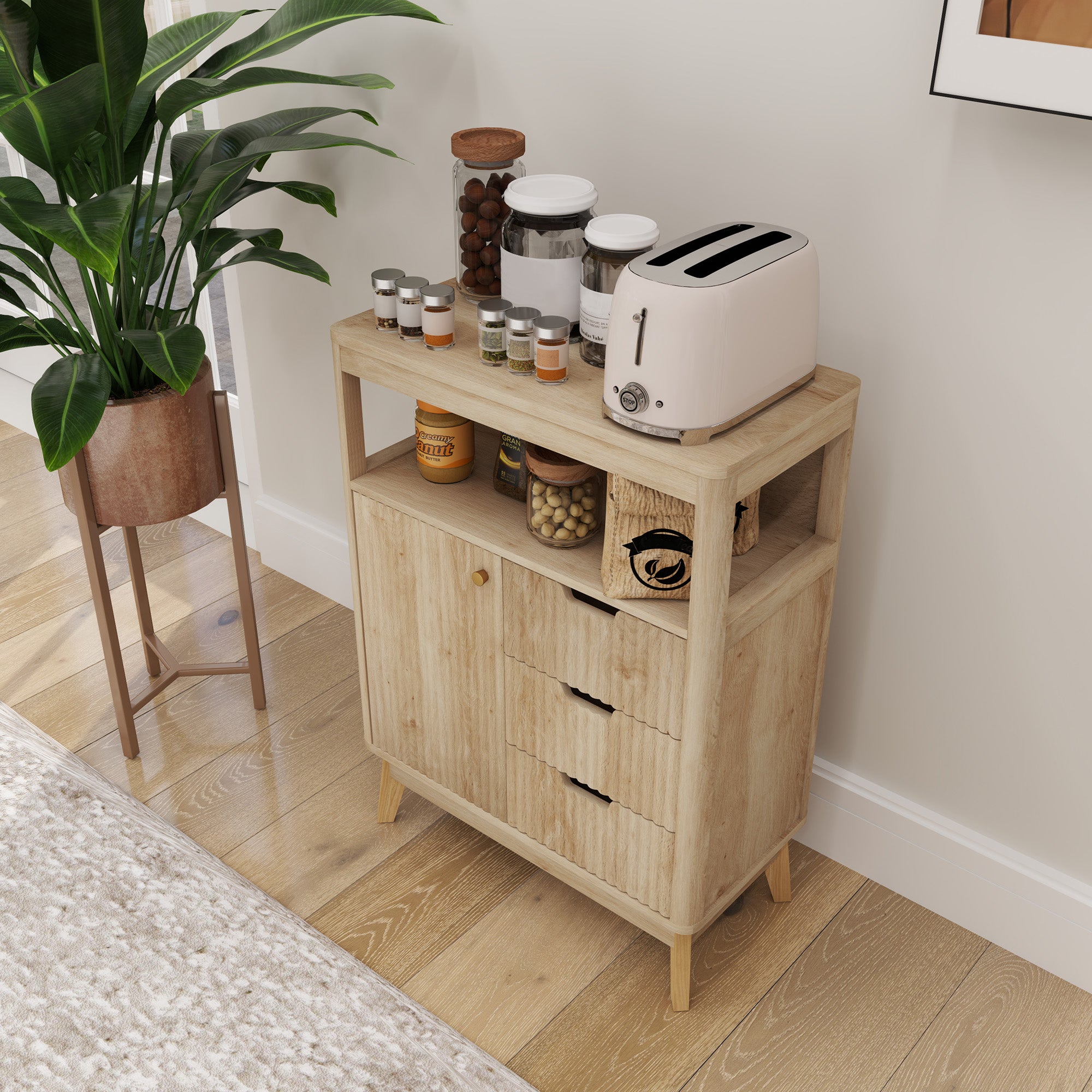 HOMCOM Small Sideboard with Drawers and Adjustable Shelf - Nature Wood Finish - North Peak Garden Furniture
