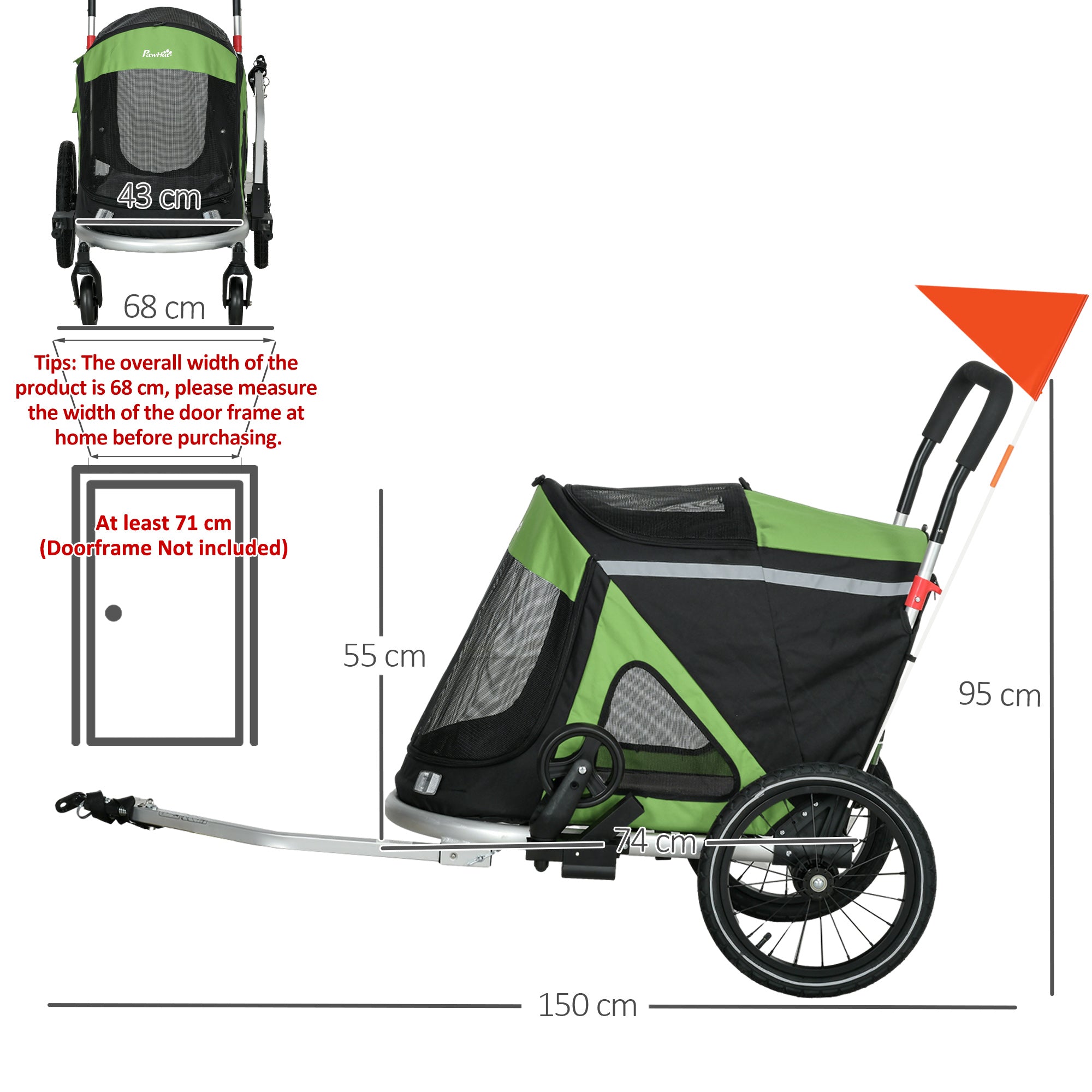 PawHut 2 in 1 Aluminium Foldable Dog Bike Trailer, Pet Stroller, for Medium Dogs - Green