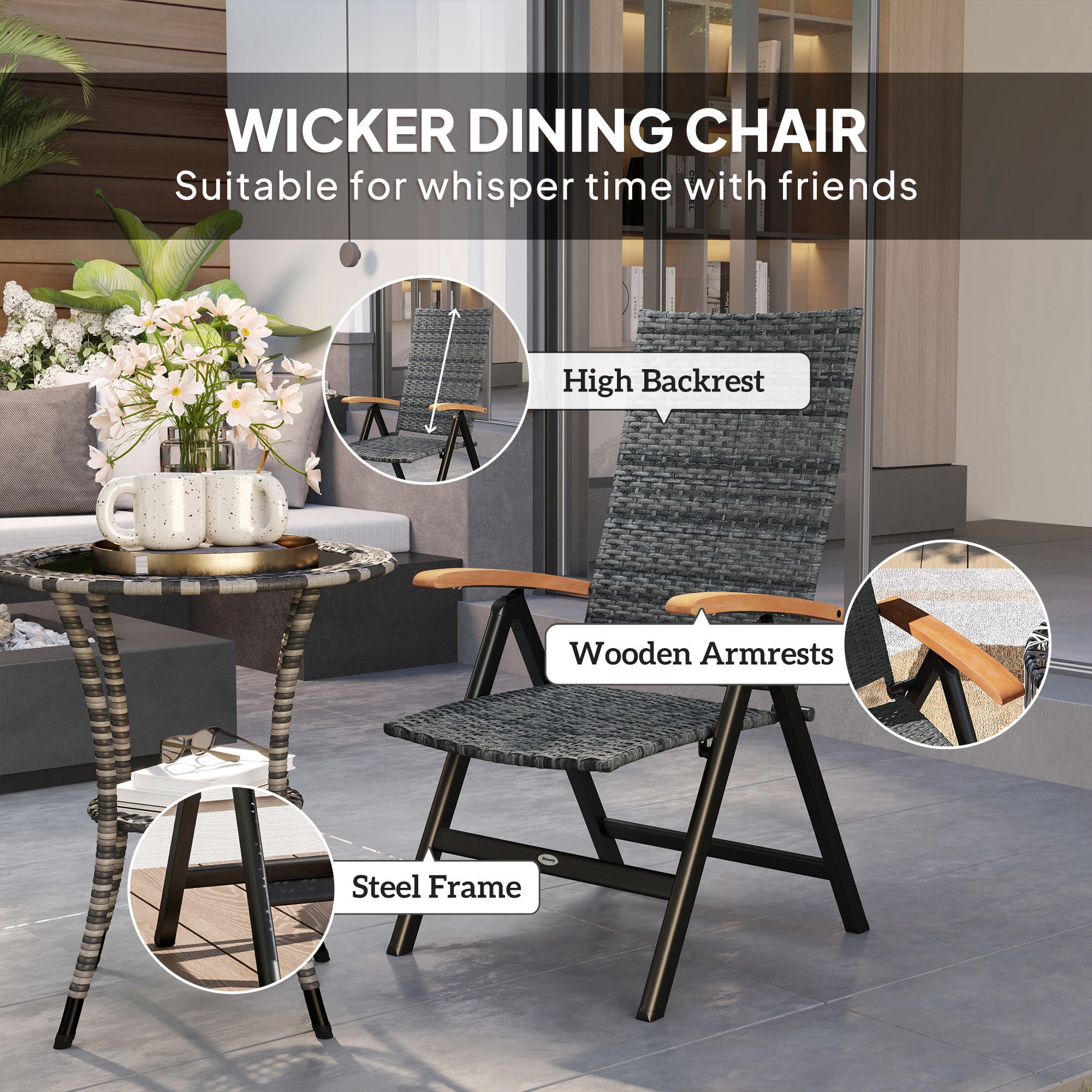 Outsunny Outdoor Folding Rattan Chair with Armrests, High Backrest, for Garden, Camping, Balcony, Porch - Mixed-grey - North Peak Garden Furniture