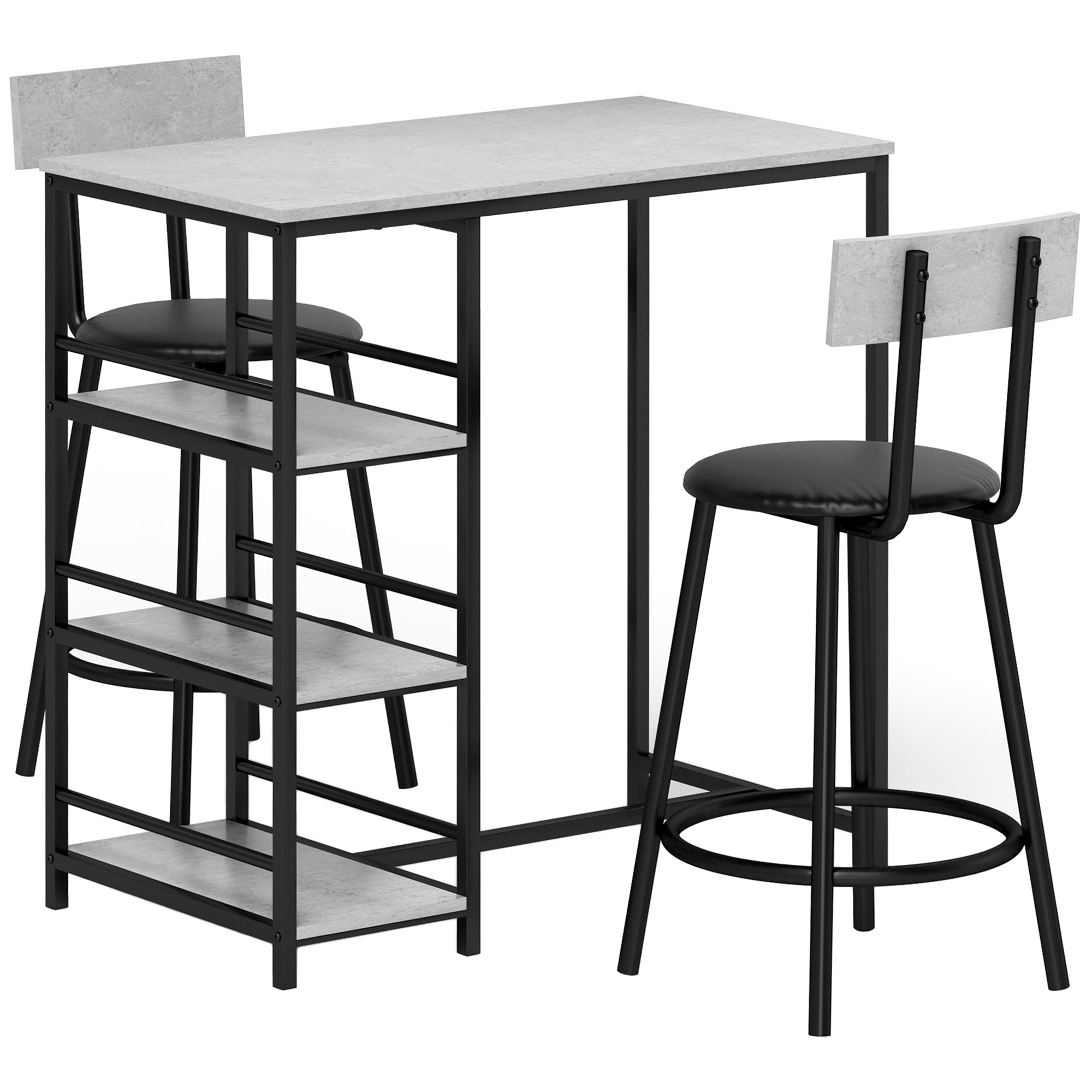 HOMCOM Three-Piece Kitchen Dining Set, with Shelves - Grey/Black - North Peak Garden Furniture
