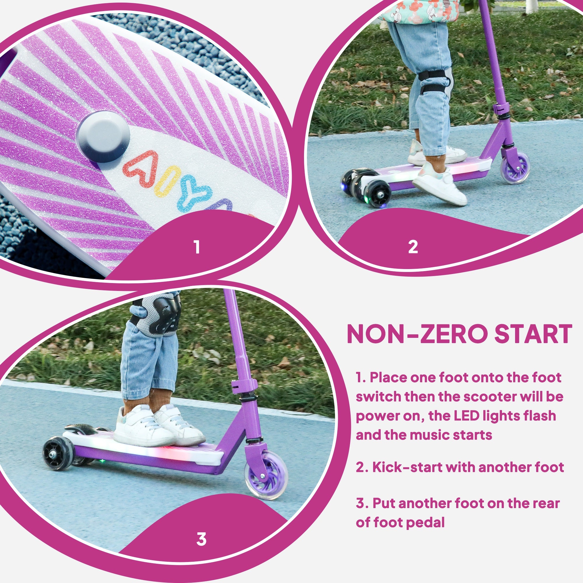 AIYAPLAY Electric Scooter for Kids Ages 4-7, with Auxiliary Rear Wheels, Flashing LED Light and Electric Brake, Kids Electric Scooter for Boys Girls, 6 KM/H & 8 KM, Purple - North Peak Garden Furniture