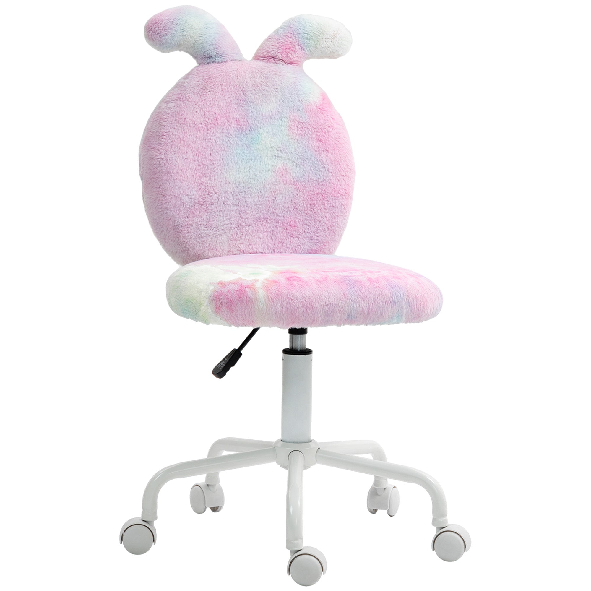 HOMCOM Fuzzy Office Chair with Bunny Ears, Faux Fur Swivel Desk Chair, Armless Makeup Vanity Chair with Adjustable Height for Bedroom, Study Room, Colourful - North Peak Garden Furniture