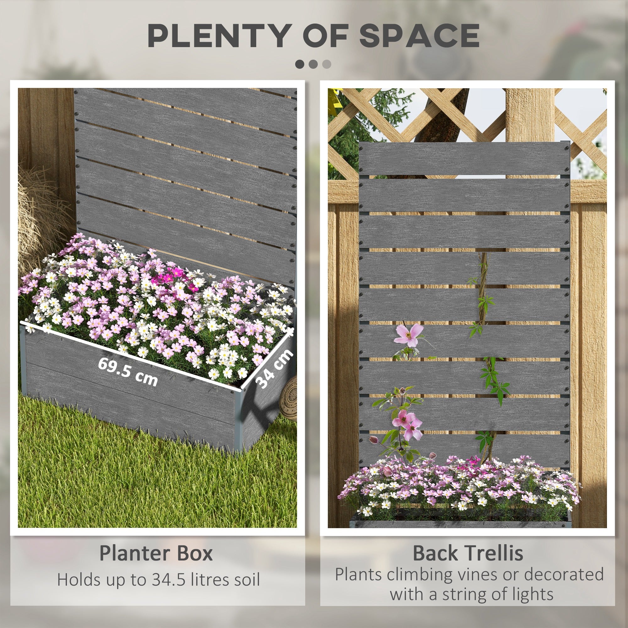 Outsunny 34 x 69.5cm Garden Planter Box, with Back Trellis - Grey - North Peak Garden Furniture