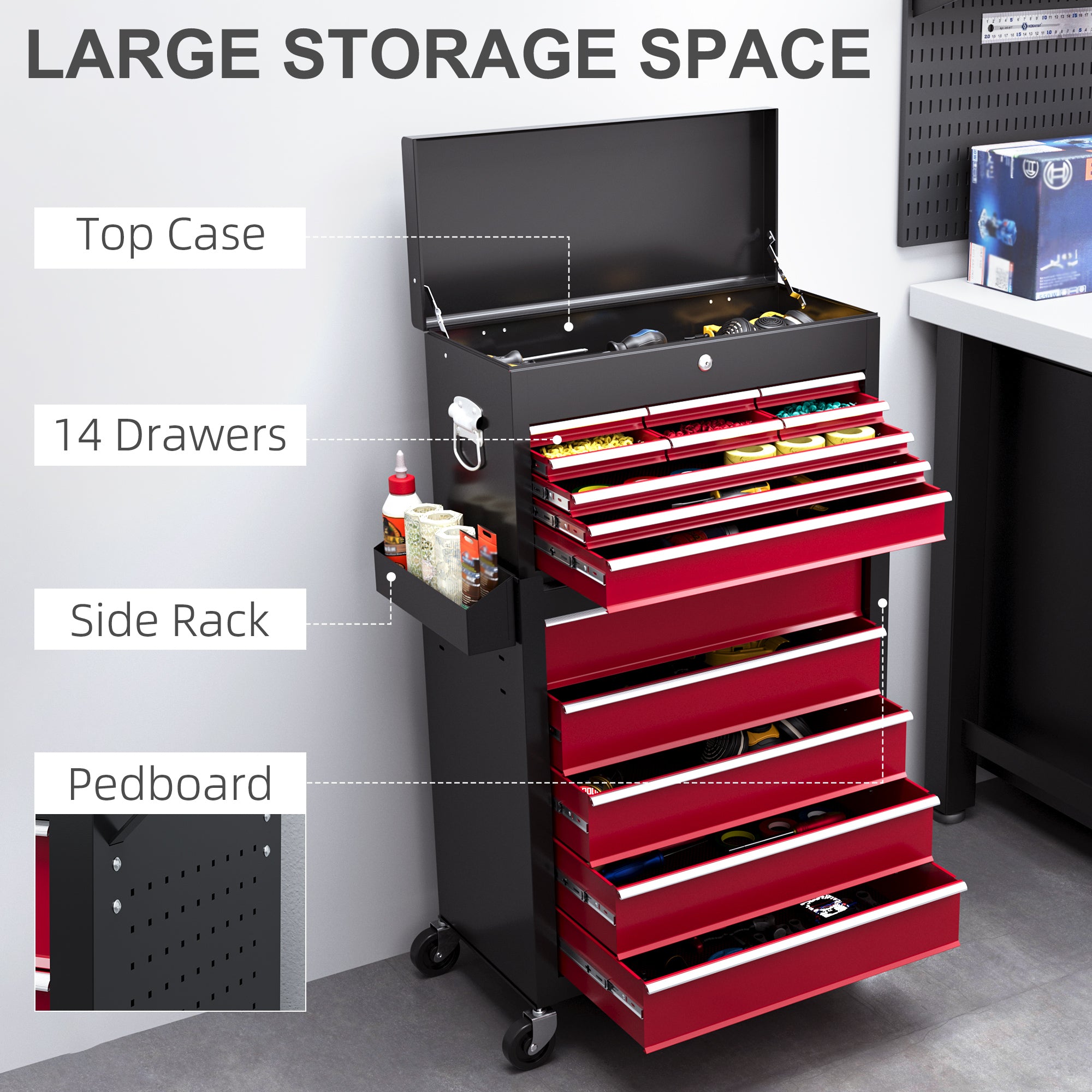 HOMCOM 19 Drawer, Two-Part Tool Storage Chest on Wheels - Red - North Peak Garden Furniture