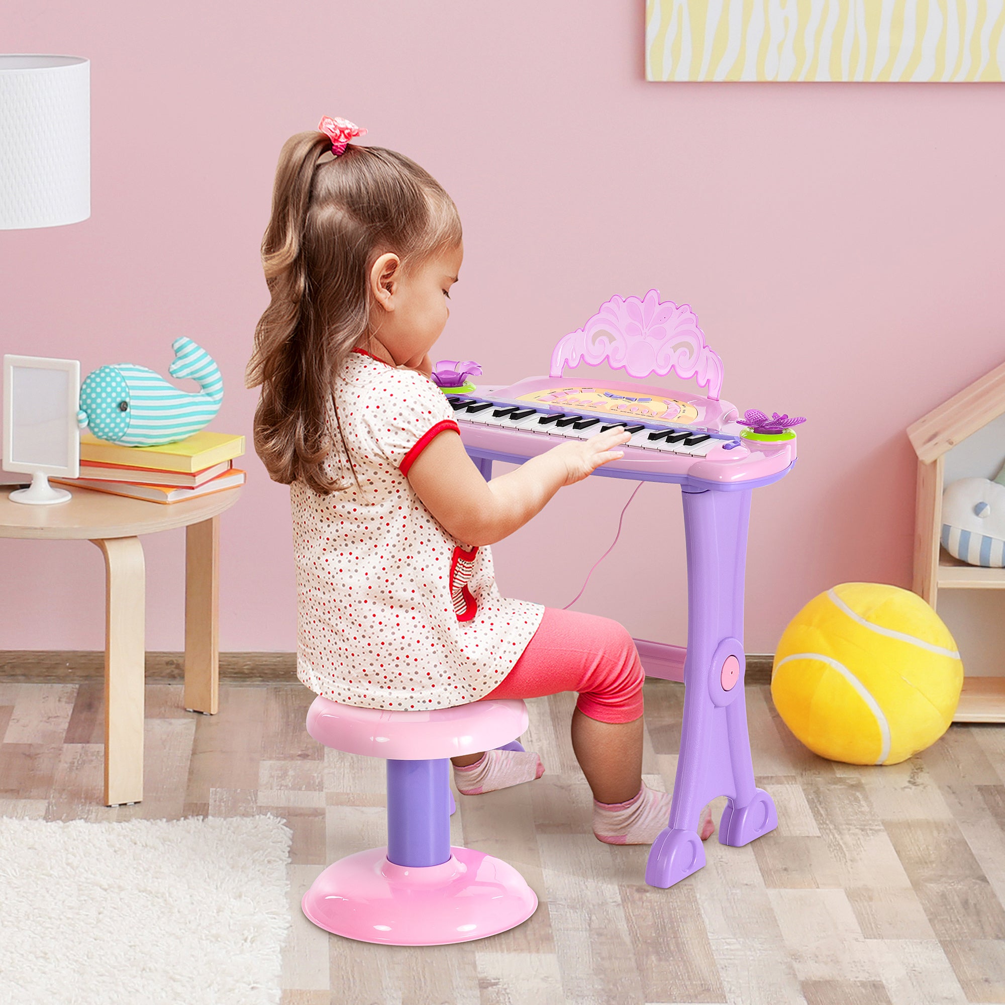 HOMCOM 32 Keys Kids Mini Electronic Keyboard Musical Instrument Educational Game Toy Children Grand Piano Stool Micropho - North Peak Garden Furniture