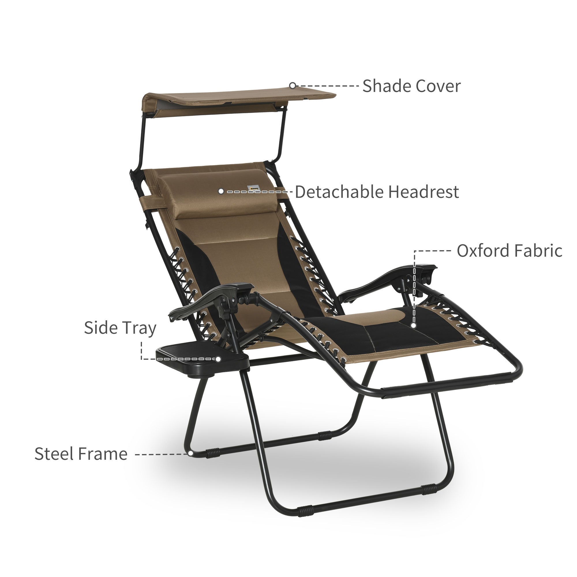 Outsunny Zero Gravity Lounger Chair, Folding Reclining Patio Chair with Shade Cover, Cup Holder, Soft Cushion and Headrest for Poolside, Camping, Brown - North Peak Garden Furniture