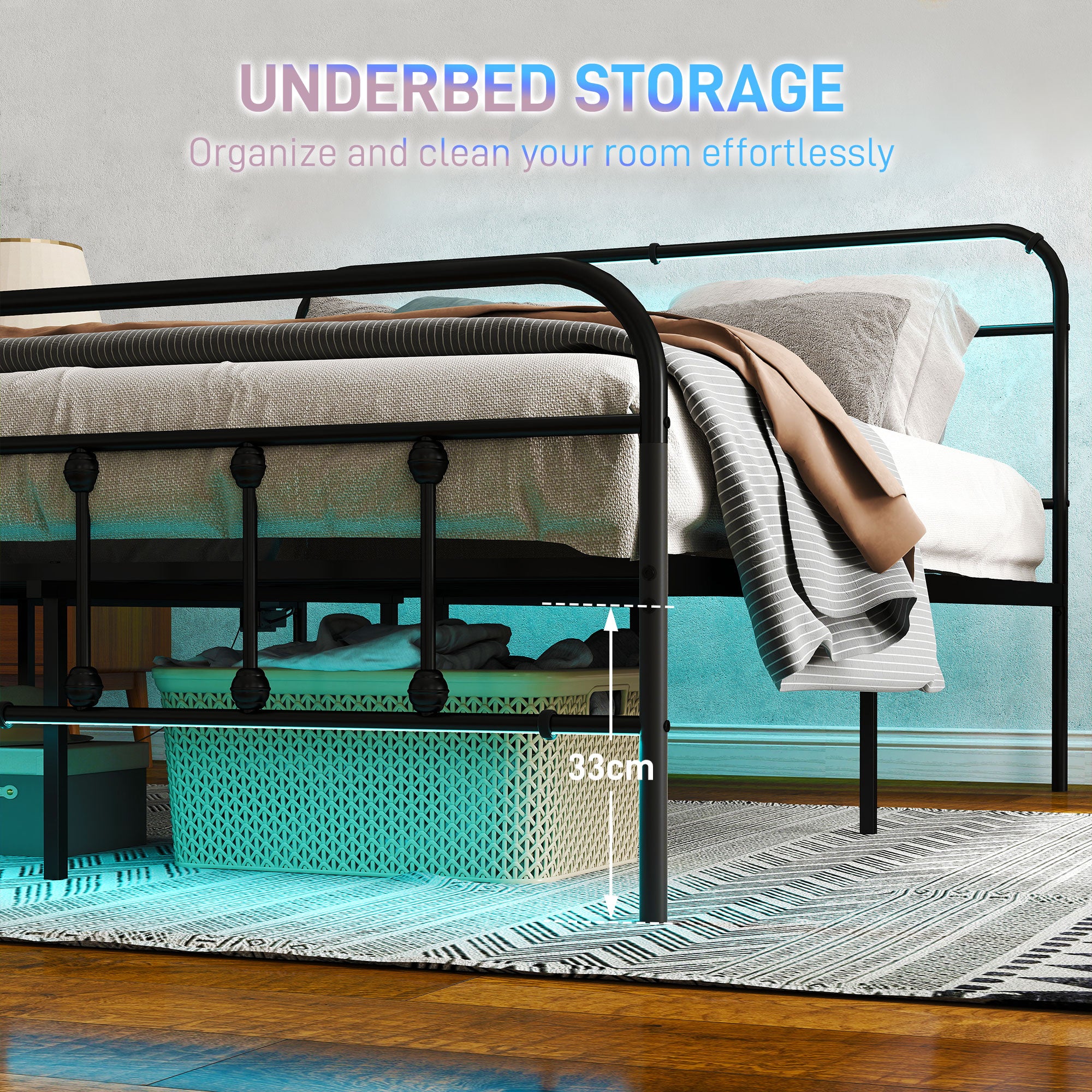 HOMCOM Double Bed Frame with LED Lights and Charging Station, Metal Platform Bed Frame with Under Bed Storage, Black - North Peak Garden Furniture