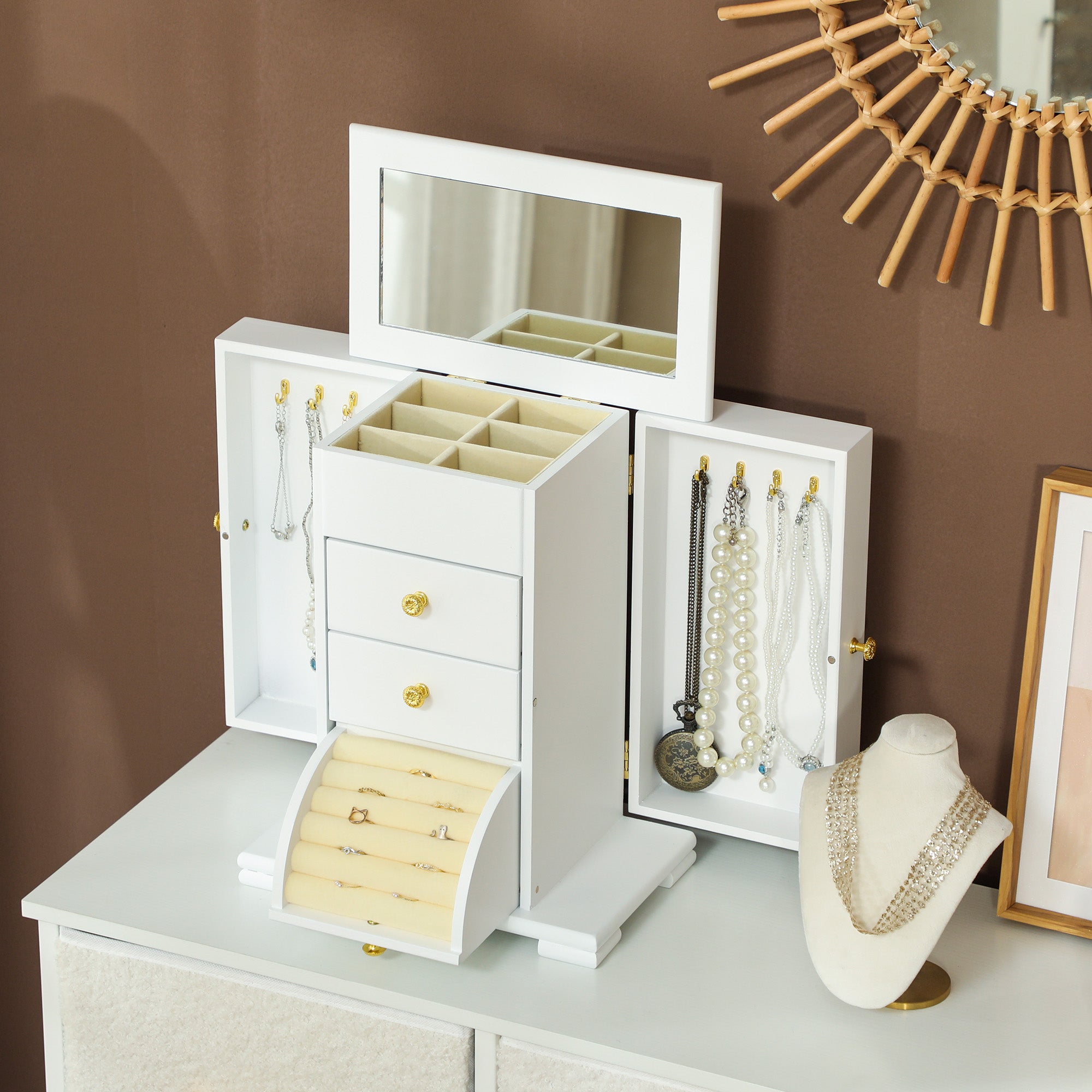 HOMCOM 4-Tier Jewellery Box with Mirror and 3 Drawers - White