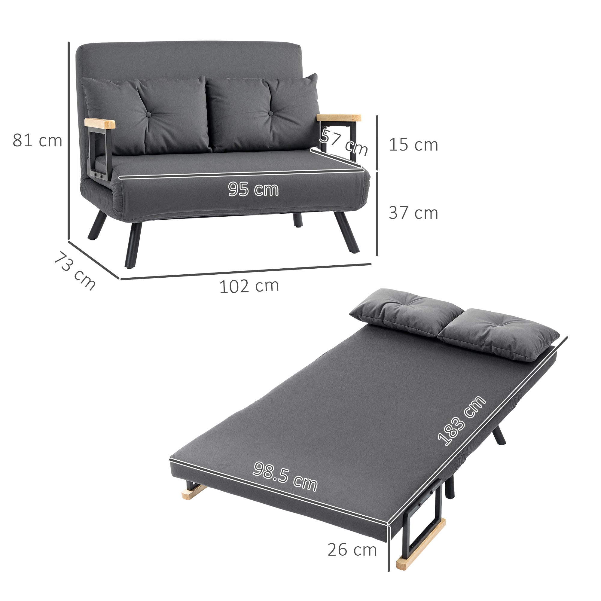 HOMCOM 4-in-1 Velvet-Feel Double Sofa Bed, with Pillows - Dark Grey - North Peak Garden Furniture