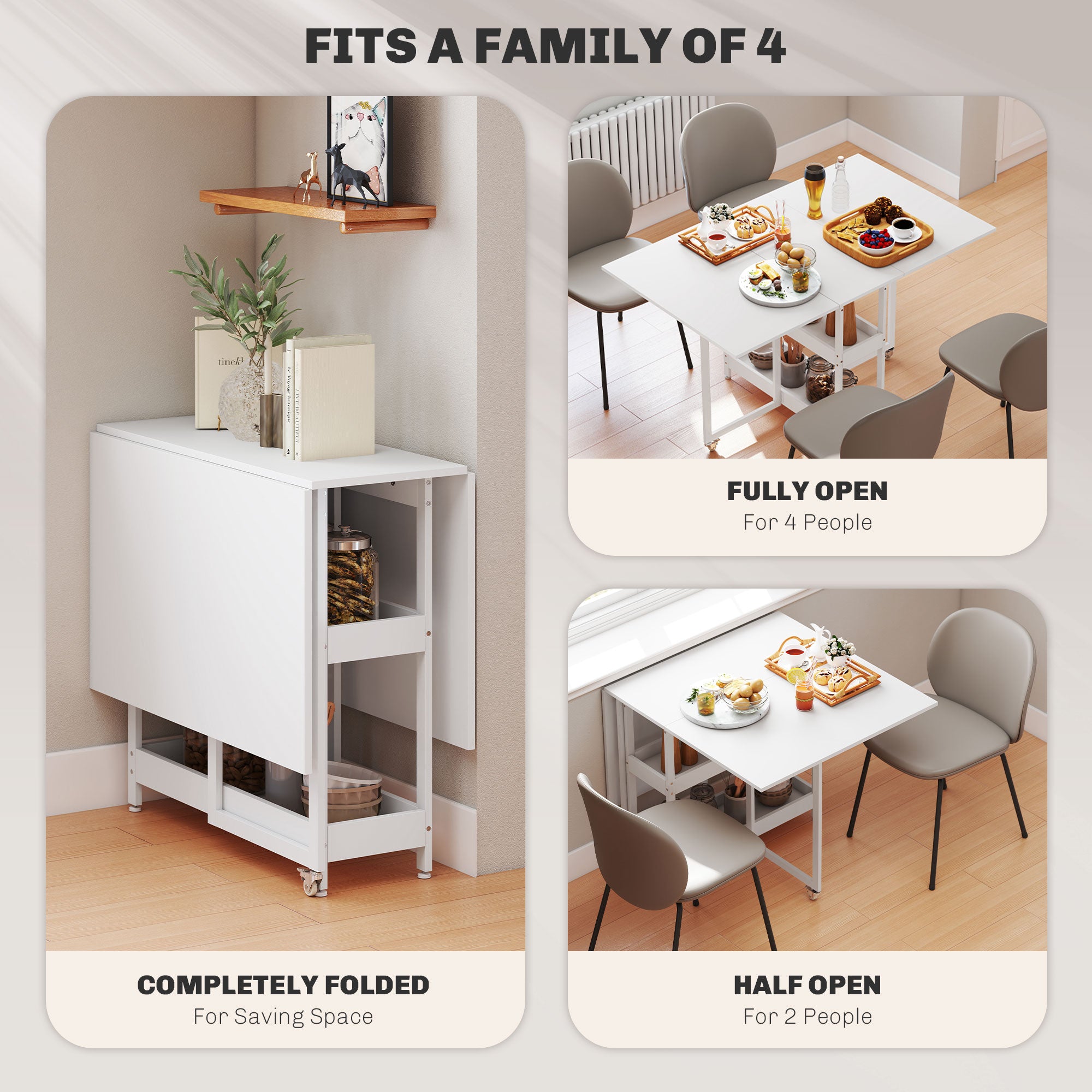 HOMCOM Industrial Folding Dining Table, Drop Leaf Table with Open Compartments for Small Spaces, Kitchen, Dining Room, White - North Peak Garden Furniture