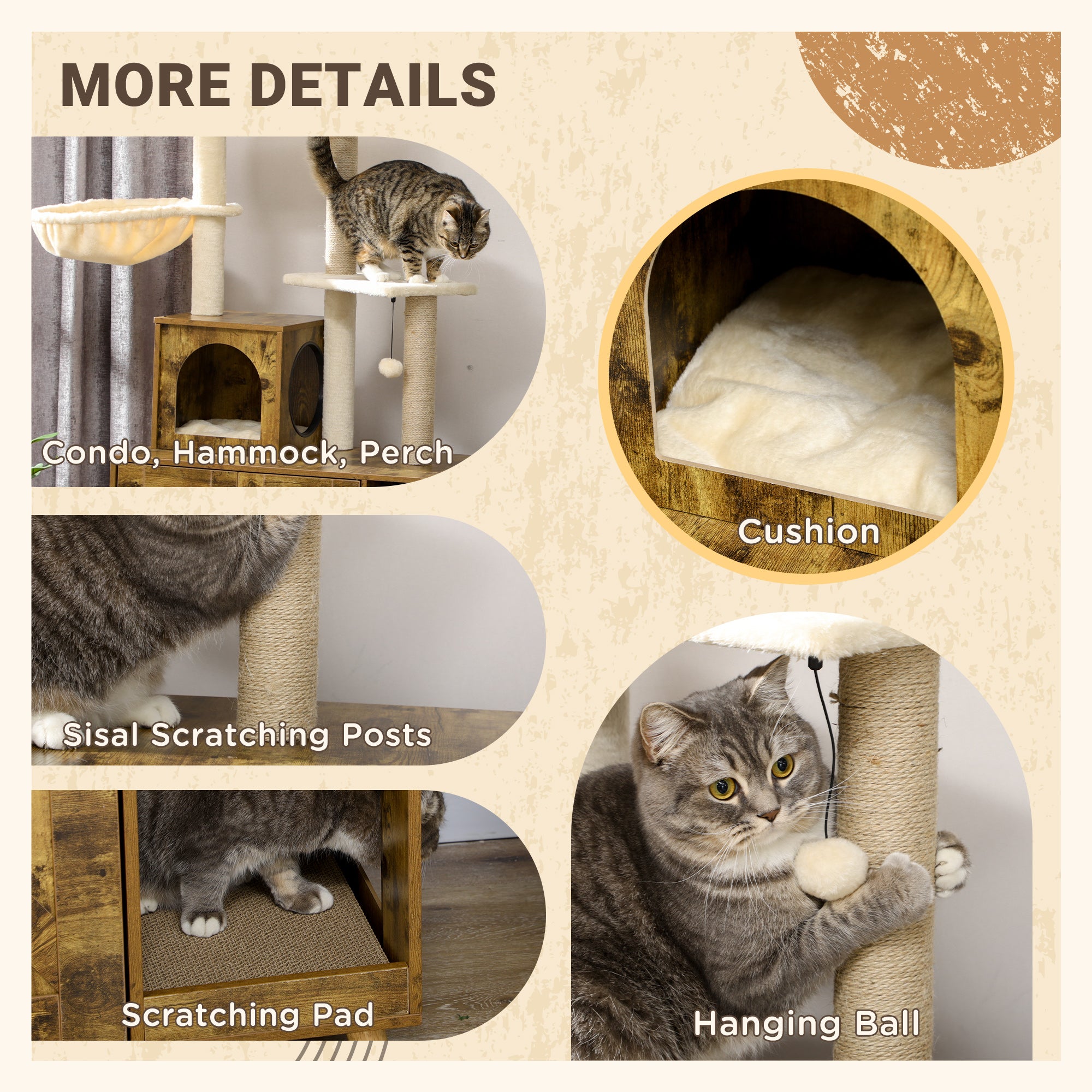 PawHut Cat Litter Box Enclosure, with Tree Tower, Cat House, Hammock, Cushion - Rustic Brown - North Peak Garden Furniture