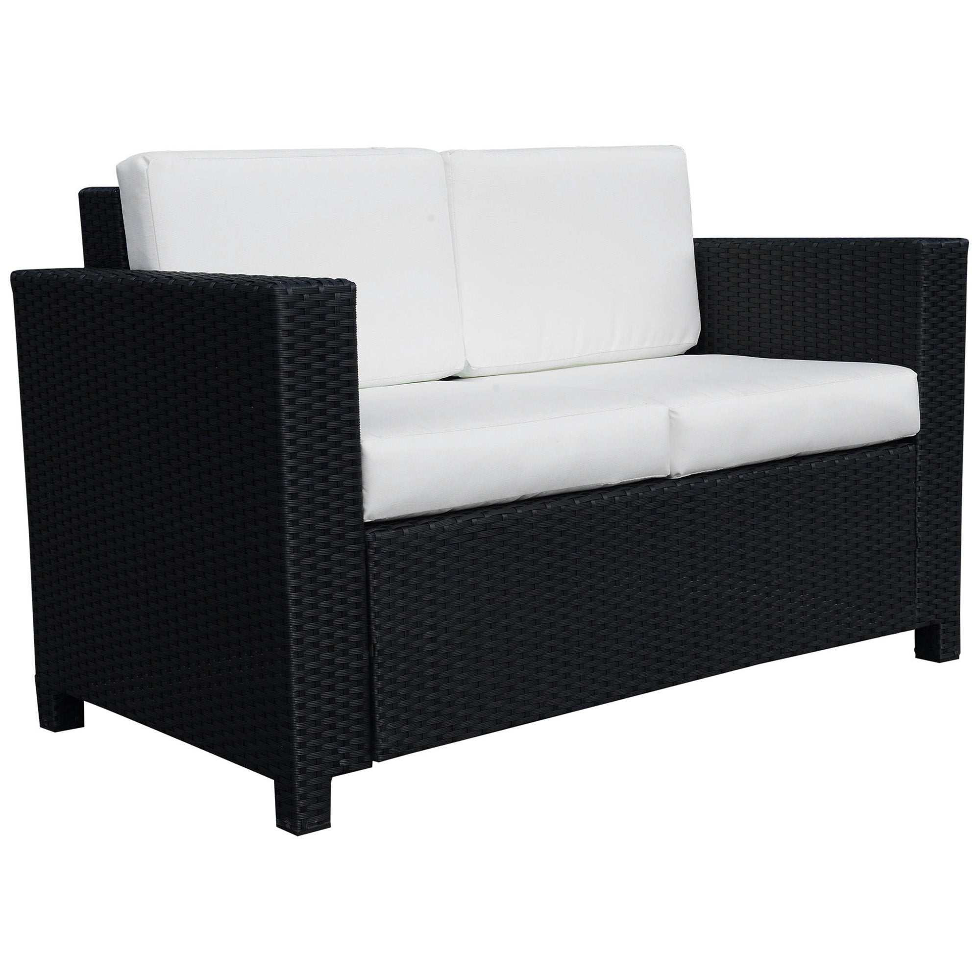 Outsunny 2 Seater Rattan Sofa with Soft Padded Cushion, All-Weather PE Wicker Weave Garden Loveseat with Armrests, Black