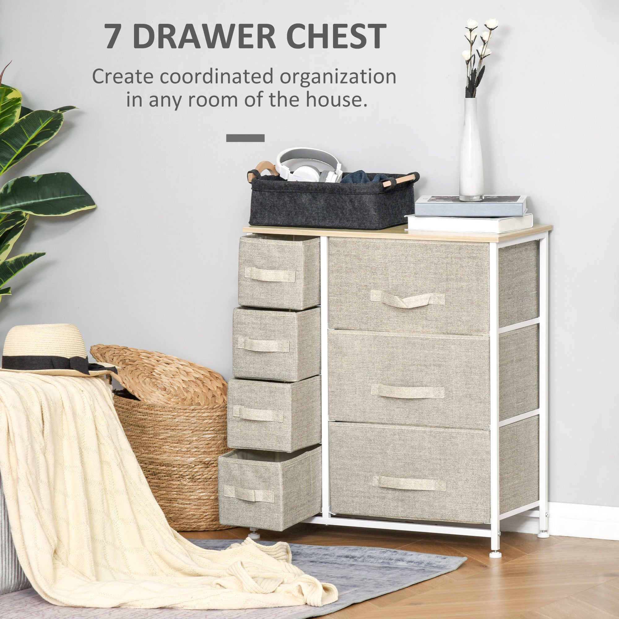HOMCOM Vertical 7 Linen Drawers Cabinet Organizer Storage Dresser Tower with Metal Frame Adjustable Feet for Living Room, Bathroom, Kitchen, White, Oak and Light Grey - North Peak Garden Furniture