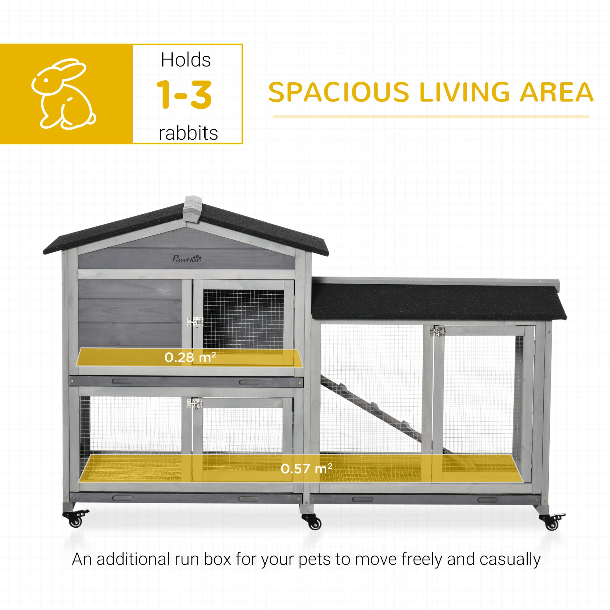 PawHut Wooden Rabbit Hutch, Guinea Pig Cage, with Wheels, Run, Slide-Out Tray, Ramp - North Peak Garden Furniture