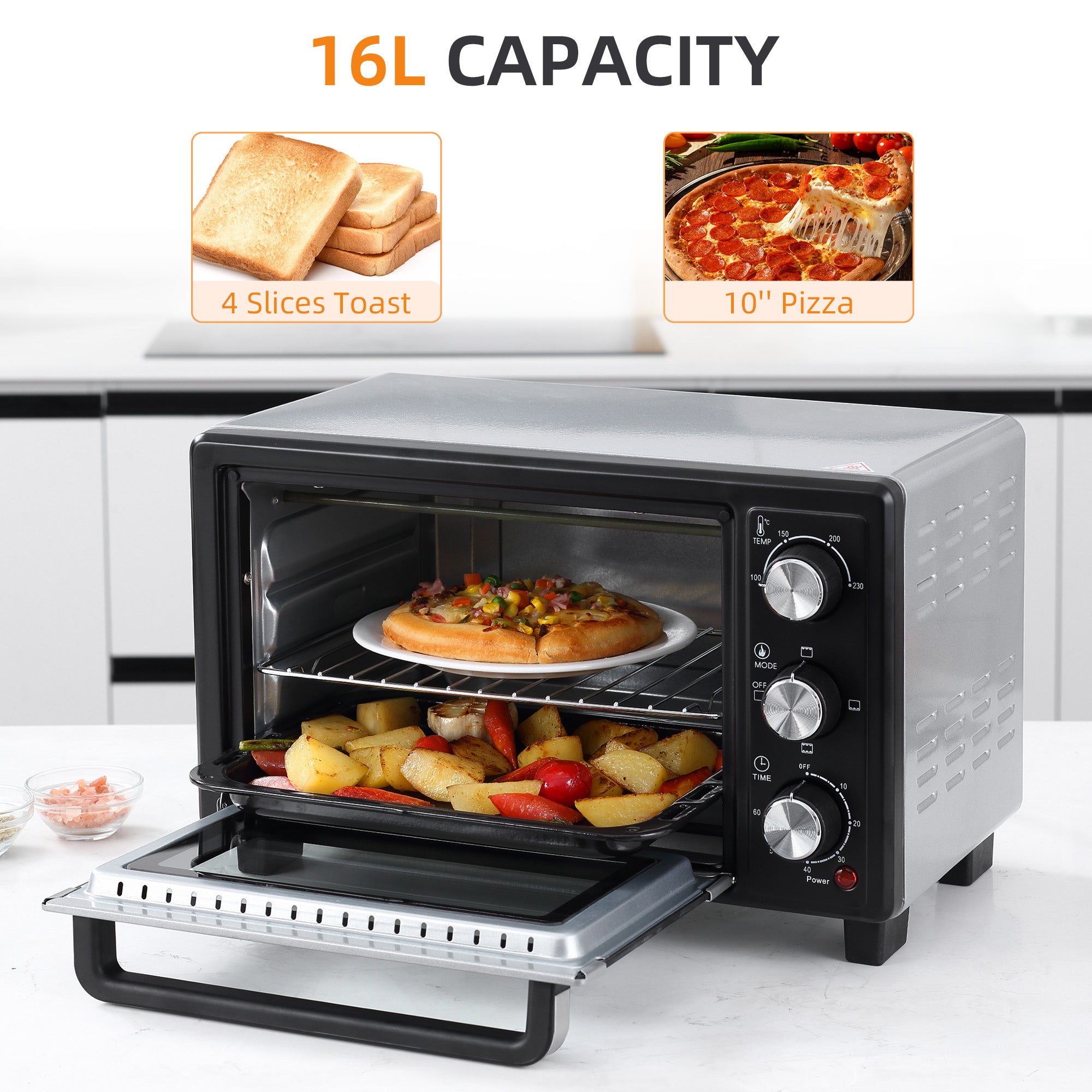 HOMCOM 16L Mini 1400W Countertop Oven - Black/Silver Tone - North Peak Garden Furniture