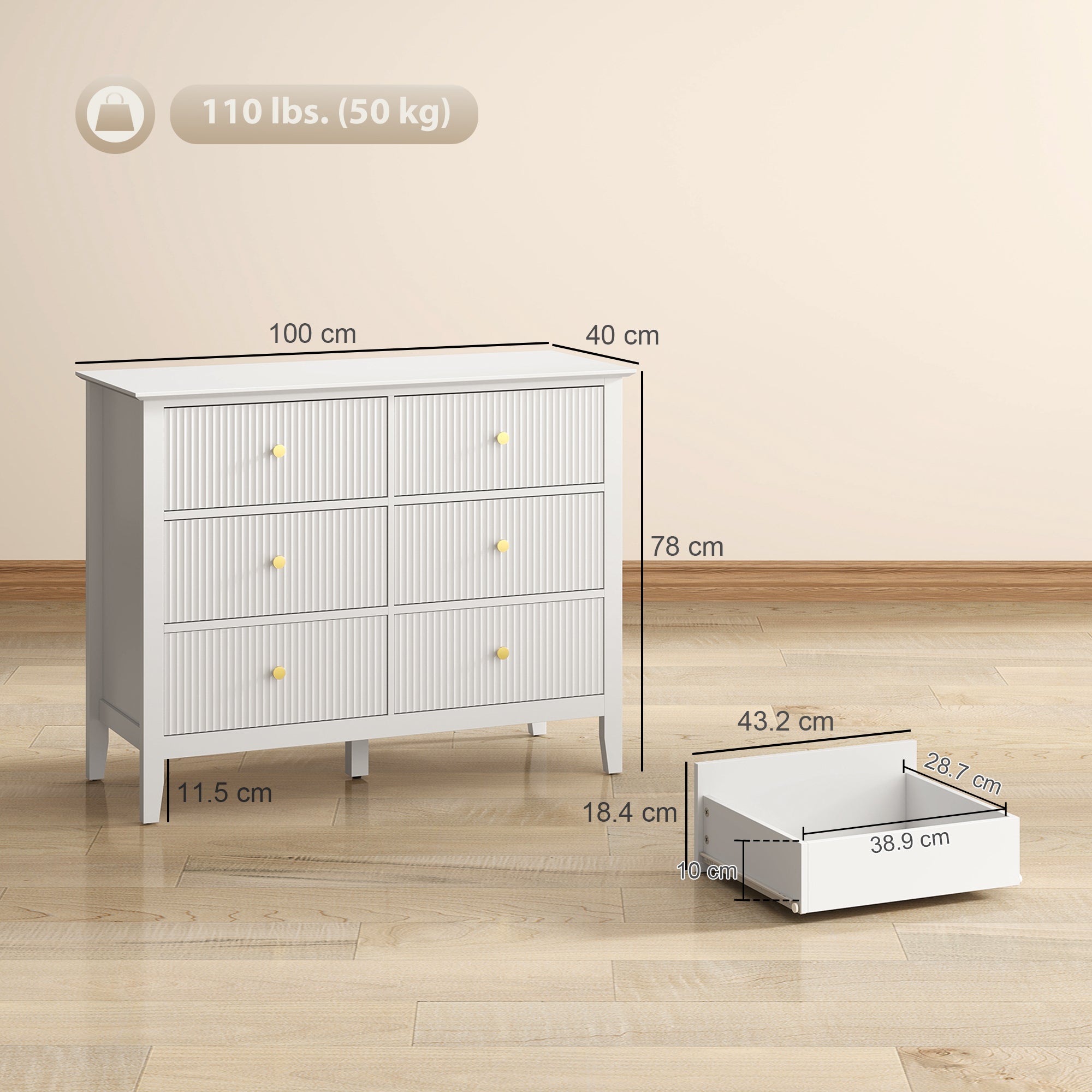 HOMCOM Fluted Dresser, 6 Drawer Chest of Drawers for Bedroom, Living Room, Hallway, Closet, White