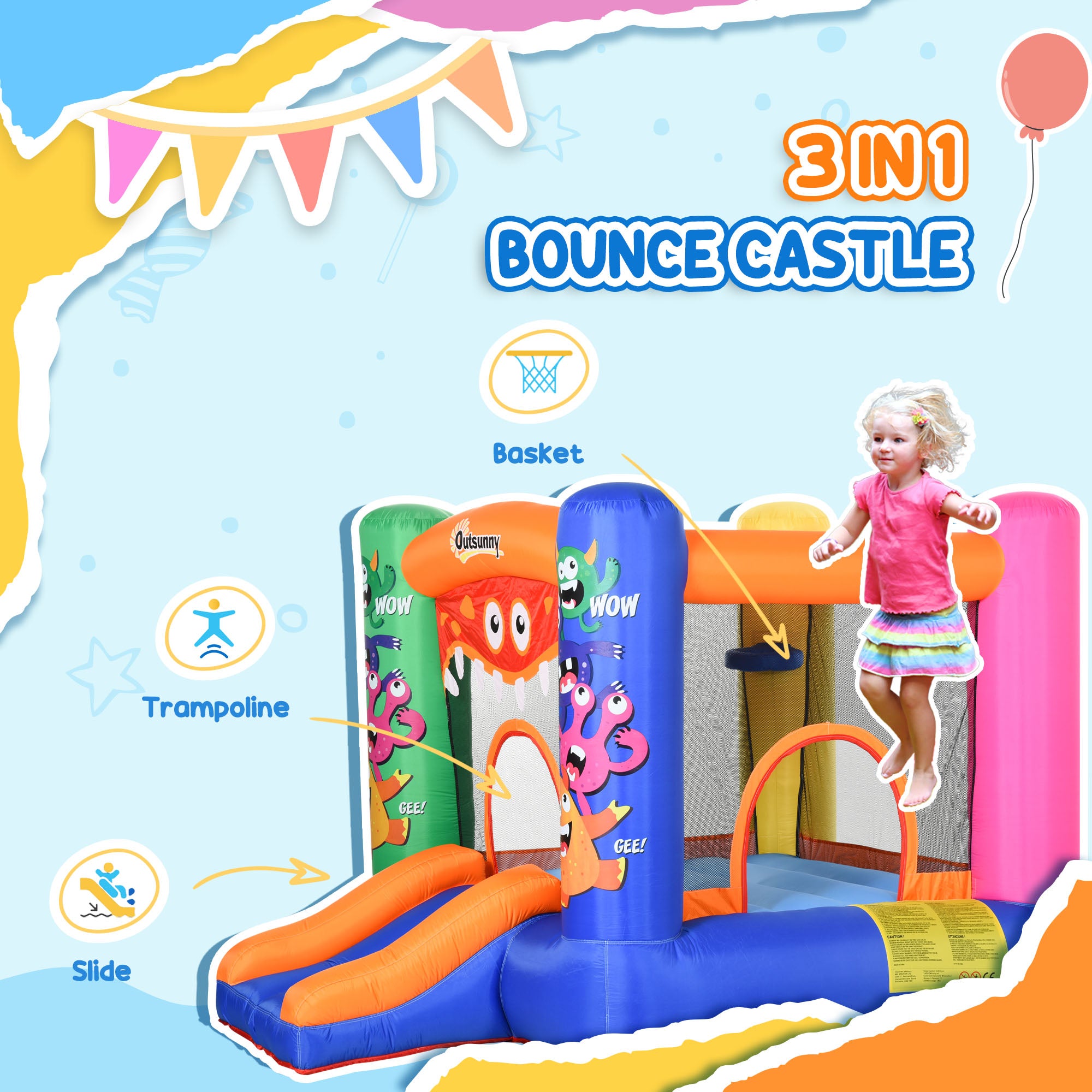Outsunny Bouncy Castle Inflatable Basket Trampoline Slide Monster Design 180 x 250 x 175 (CM)