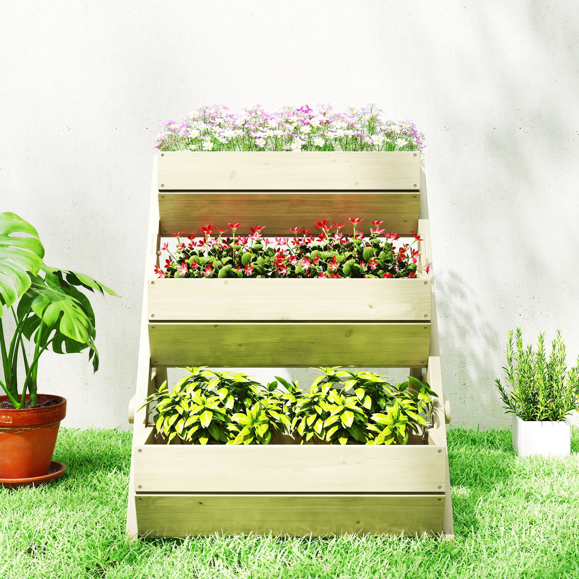 Outsunny 3 Tier Raised Garden Bed Wooden Elevated Planter Box Kit, 66L for Flower, Vegetable, Herb, 65x75x78cm, Green