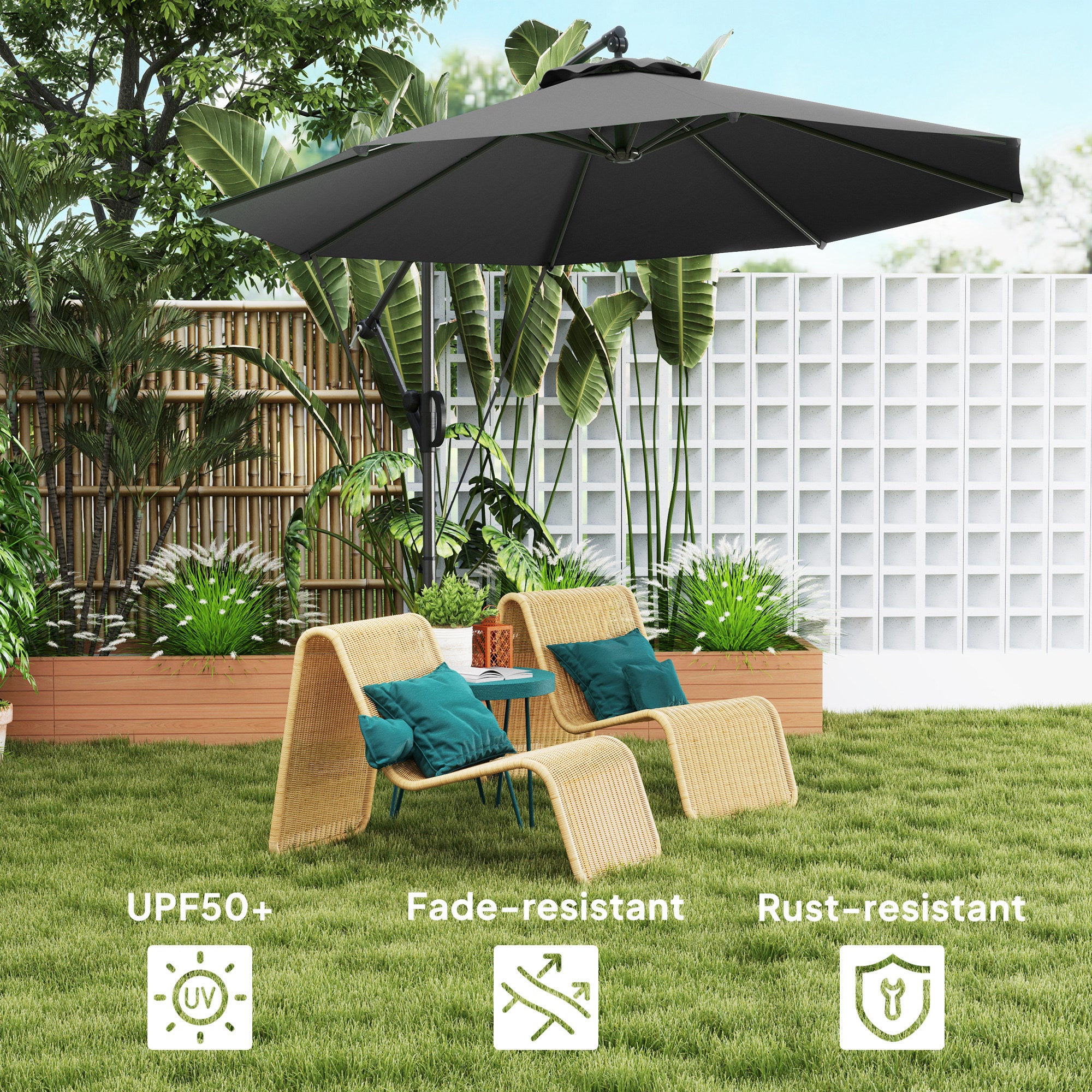 Outsunny 3(m) Garden Cantilever Parasol with Cover and Wind Protection Strap, Round Overhanging Umbrella with Crank Handle and Tilt, Banana Patio Umbrella for Outdoor Sun Shade, UPF50+, Grey - North Peak Garden Furniture