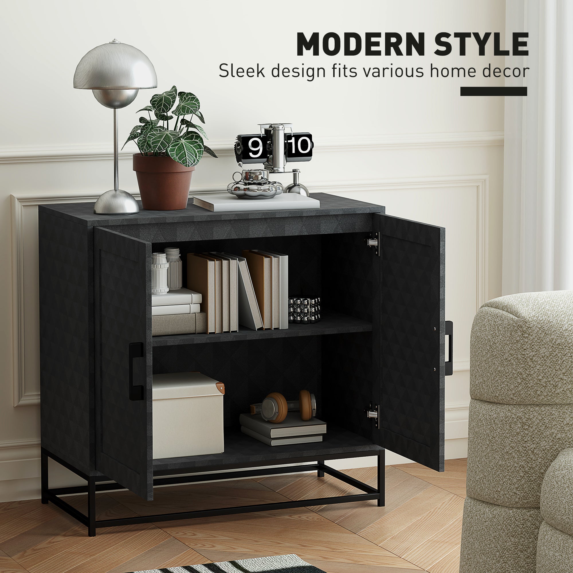 HOMCOM Modern Sideboard, Freestanding Sideboard Storage Cabinet with Adjustable Shelf and 2 Doors for Living Room, Black - North Peak Garden Furniture