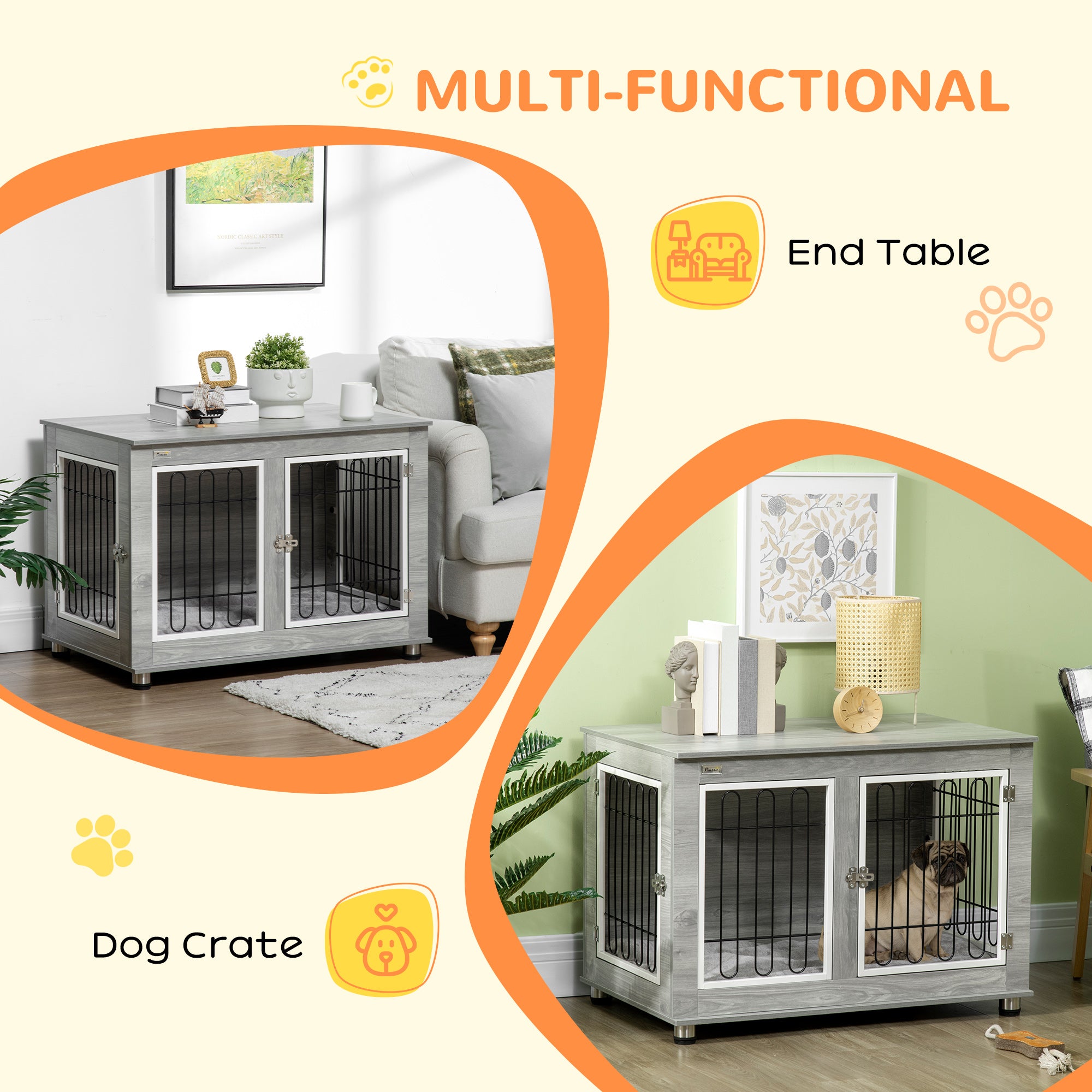 PawHut Dog Crate Furniture, Side End Table, Indoor Dog Kennel with Soft Washable Cushion, Wire Mesh, Large Top, for Medium and Large Dogs,90 x 58 x 65, Grey - North Peak Garden Furniture