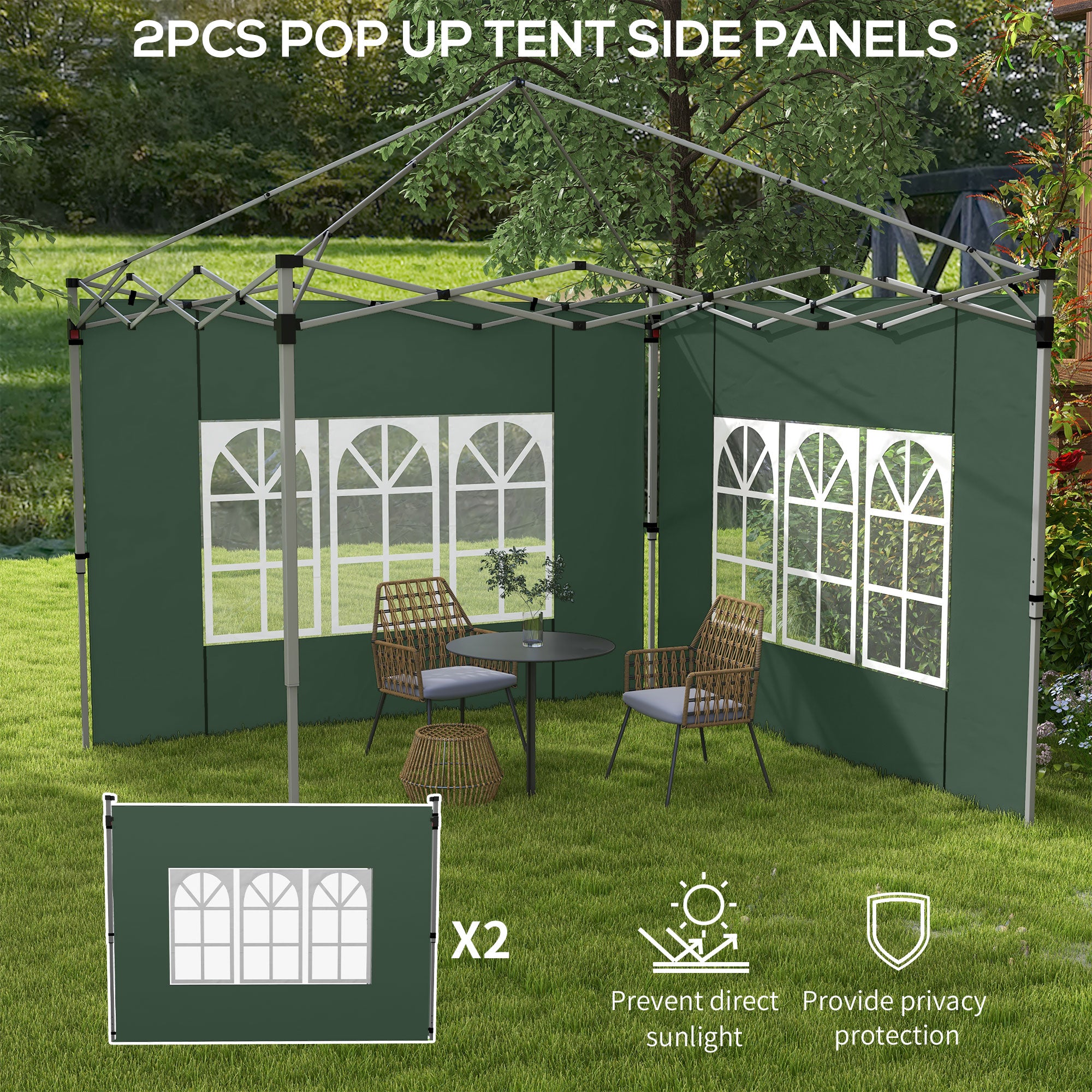 Outsunny Gazebo Side Panels, Sides Replacement with Window for 3x3(m) or 3x4m Pop Up Gazebo, 2 Pack, Green - North Peak Garden Furniture