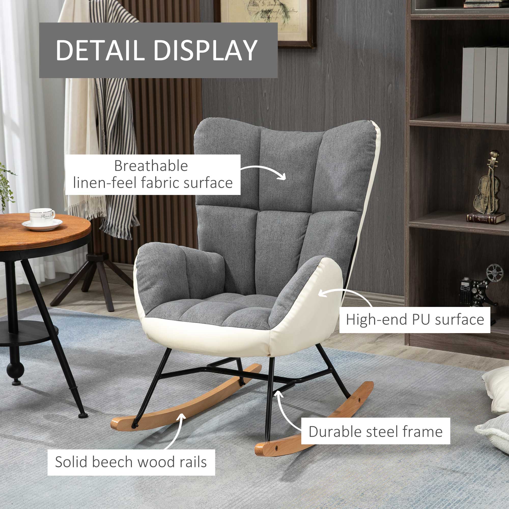 HOMCOM Soft Padded Rocking Wingback Armchair, with Wooden Legs - Grey/Cream - North Peak Garden Furniture