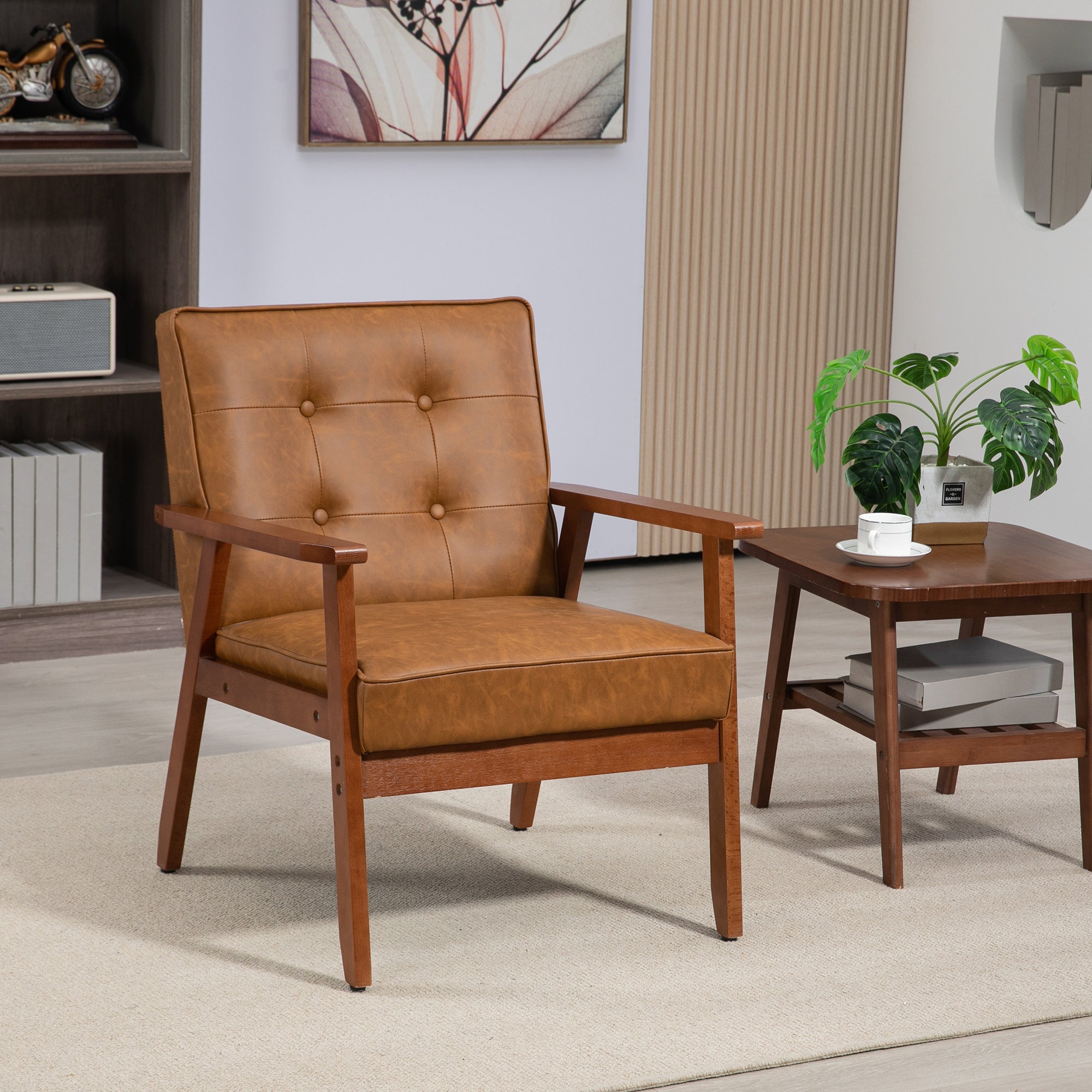 HOMCOM Retro-Style Accent Chair, with Faux Leather Seat - Brown - North Peak Garden Furniture