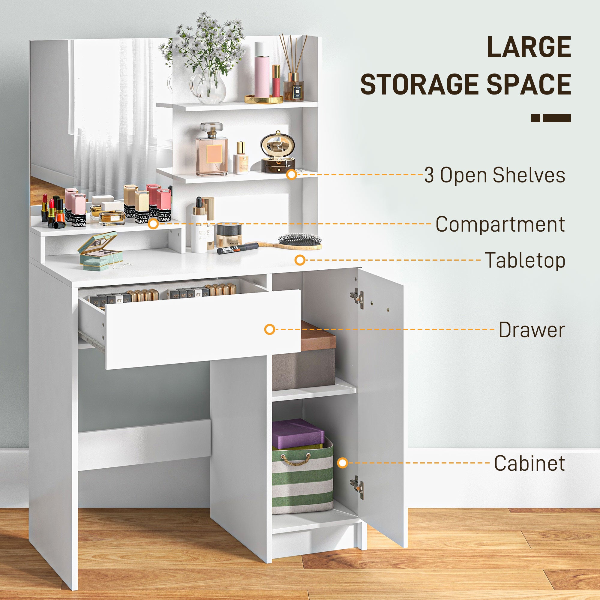 HOMCOM Dressing Table with Mirror and Stool, Vanity Table, Modern Makeup Desk with Drawer, Storage Cabinet and Adjustable Shelf for Bedroom, White - North Peak Garden Furniture