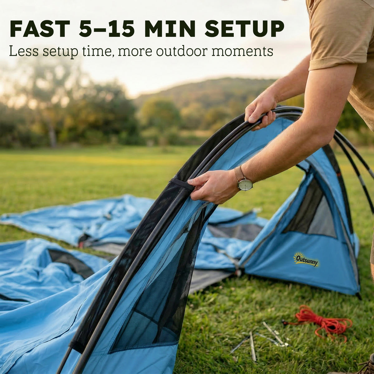 Outsunny 4 Person Easy Setup Family Camping Tent with 2 Rooms, Waterproof Tunnel Tent w/ Sewn In Groundsheet, Sky Blue & Grey