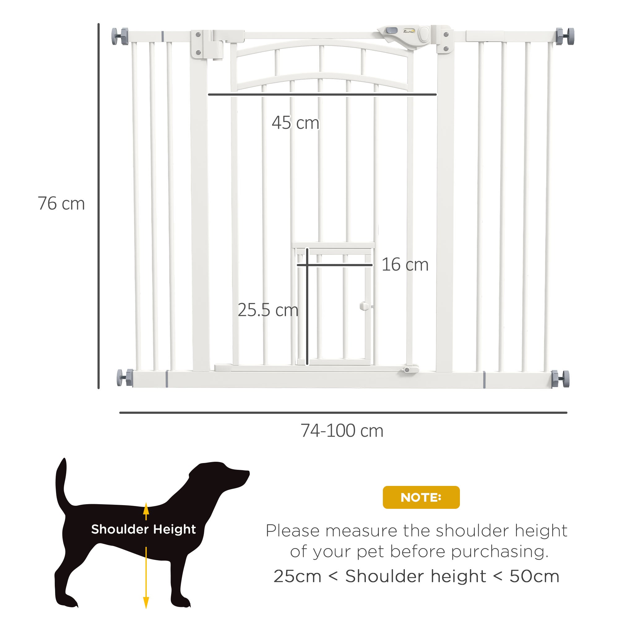 PawHut Pressure Fit Stair Dog Gate w/ Small Cat Door, Automatic Closing Door, Double Locking, for 74-100cm Openings - White - North Peak Garden Furniture