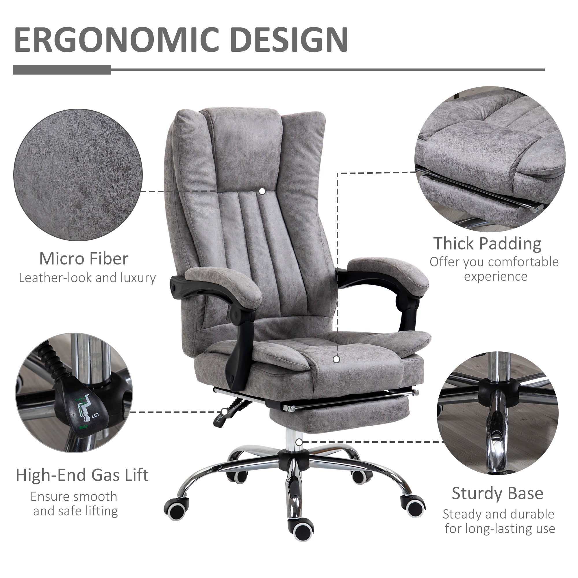 Vinsetto Home Office Chair Microfibre Desk Chair with Reclining Function Armrests Swivel Wheels Footrest Grey - North Peak Garden Furniture