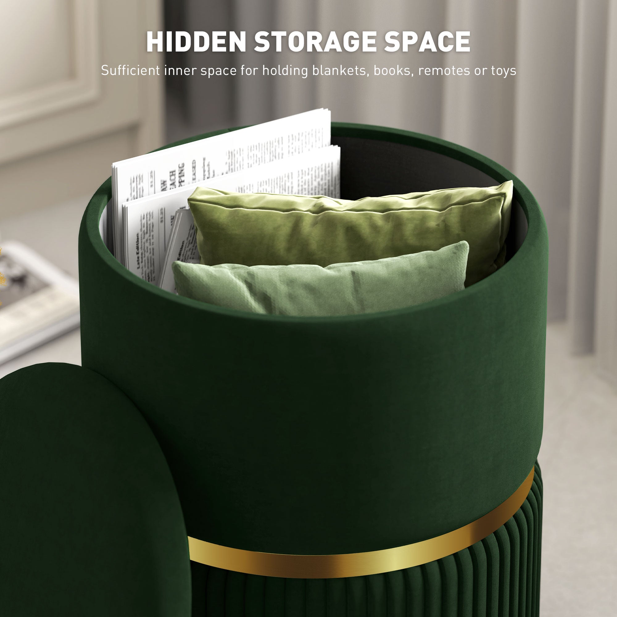 HOMCOM Velvet-Feel Storage Ottoman - Green - North Peak Garden Furniture