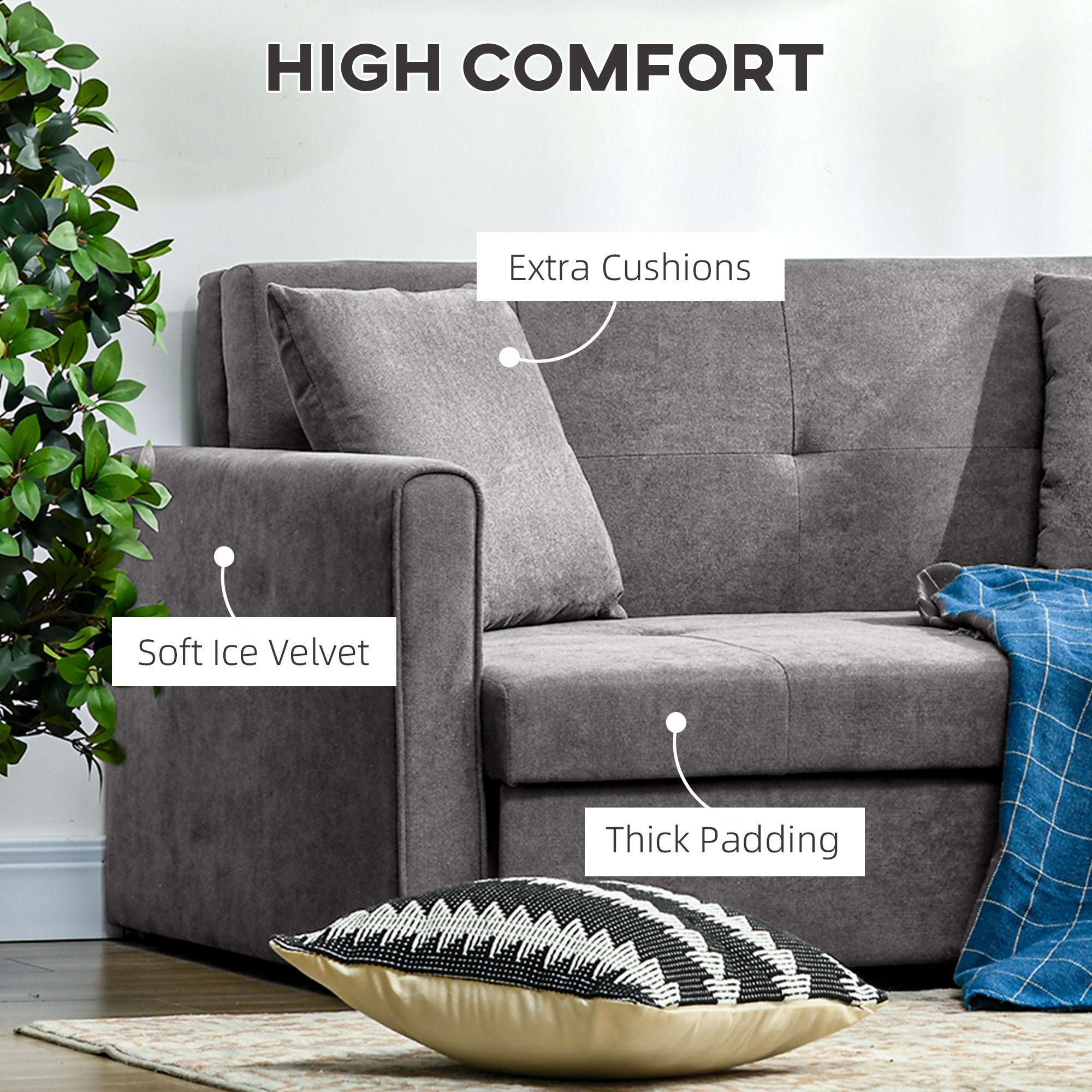 HOMCOM 2 Seater Sofa Bed, Convertible Bed Settee, Modern Fabric Loveseat Sofa Couch with 2 Cushions, Hidden Storage for Living Room, Guest Room, Light Grey