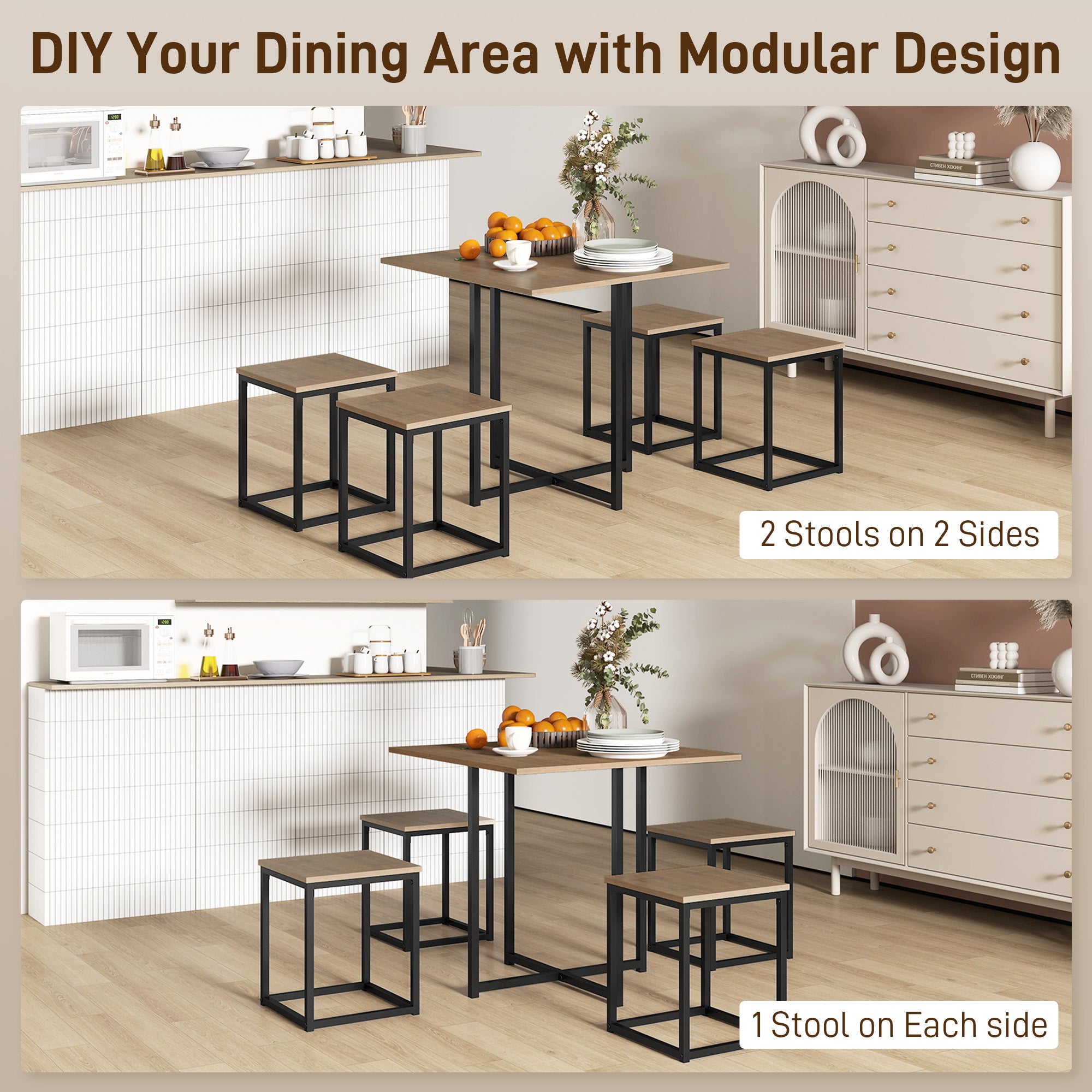 HOMCOM 5 Piece Dining Table and Chairs Set 4, Industrial Space Saving Table and Chairs with Metal Frame, Square Kitchen Table and Stools for Dining Room, Brown - North Peak Garden Furniture