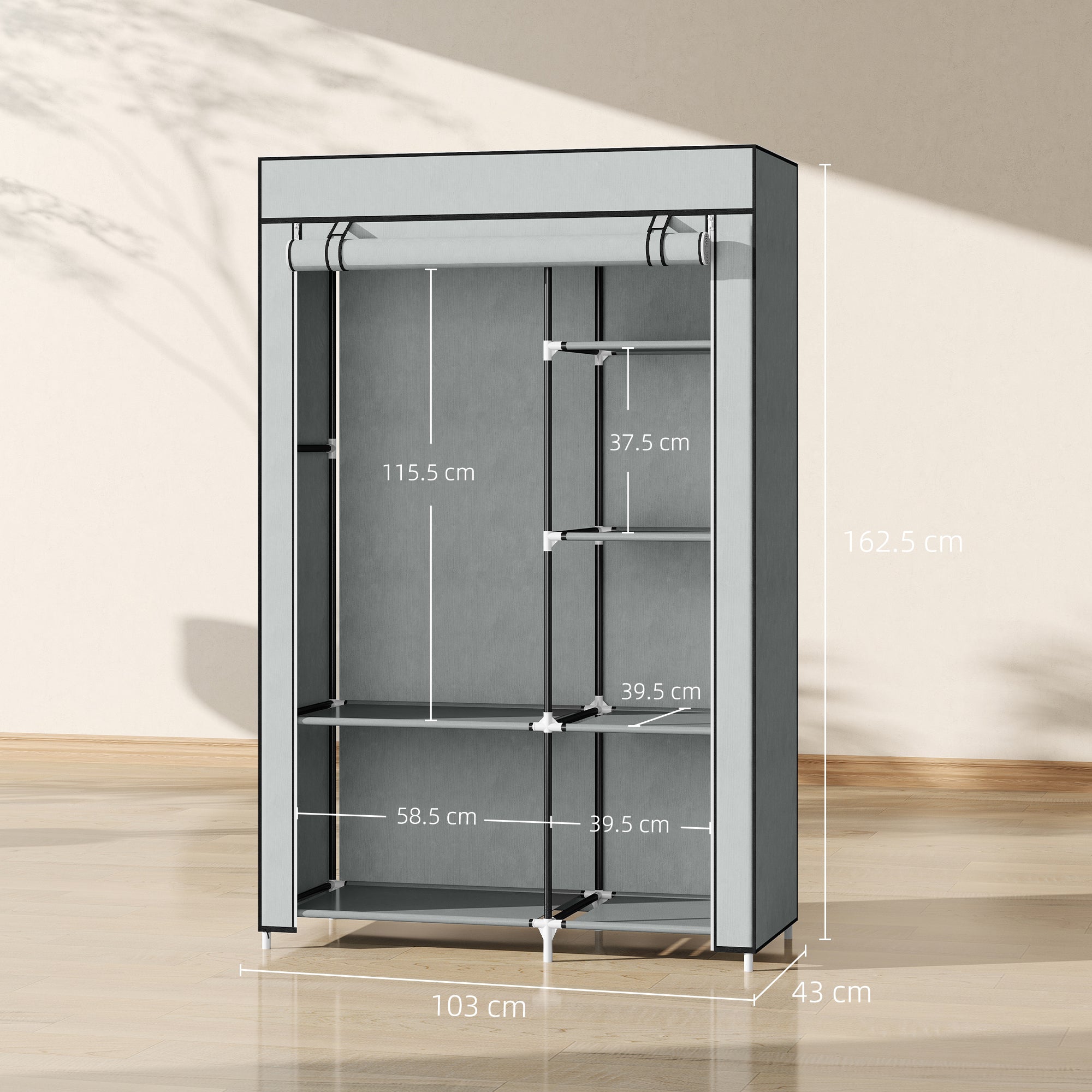 HOMCOM Fabric Wardrobe, Portable Wardrobe with 6 Shelves, 1 Hanging Rail, Foldable Closets, 103 x 43 x 162.5 cm, Light Grey - North Peak Garden Furniture
