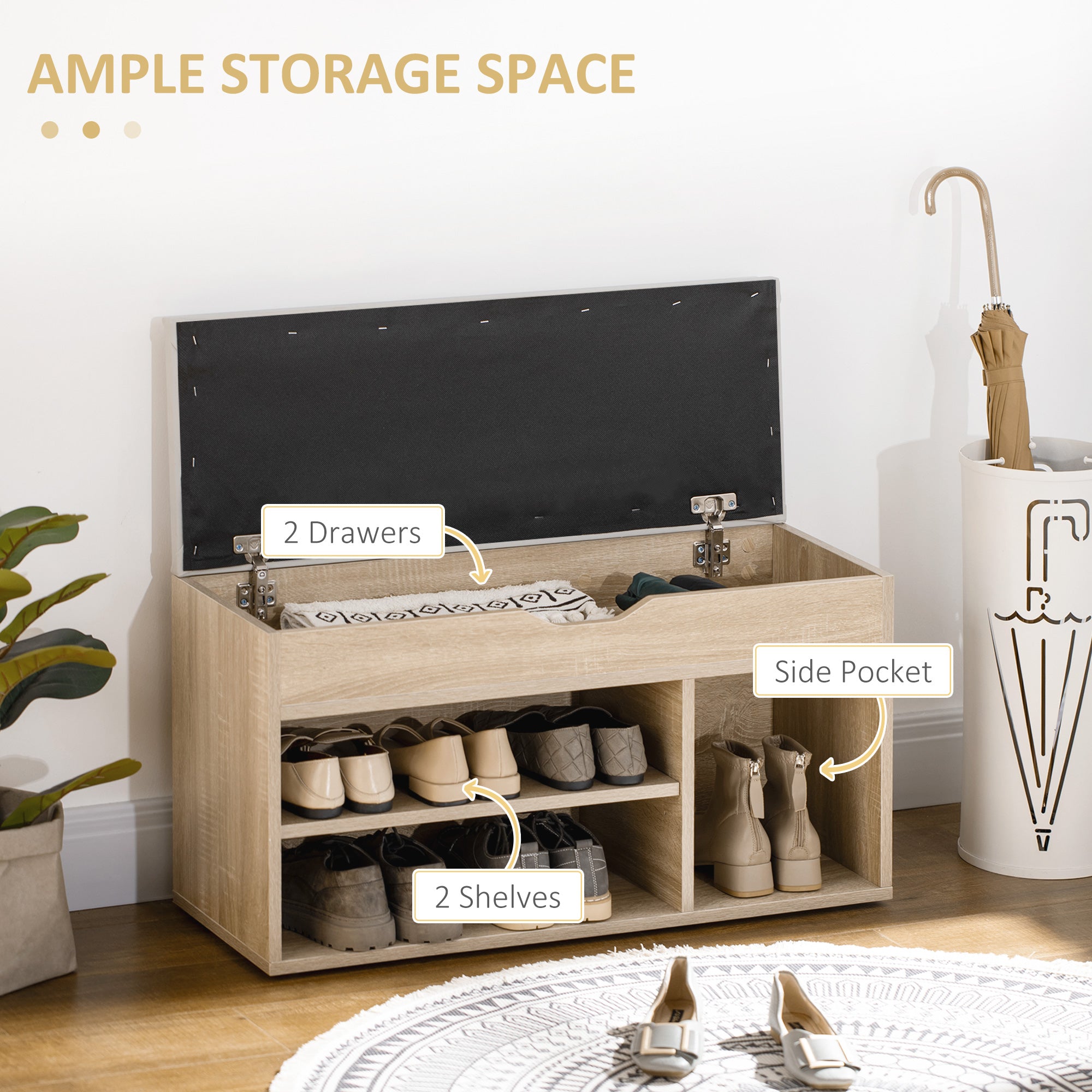HOMCOM Shoes Cabinet Bench Hidden Storage Padded Seat Organiser Footwear Rack Hallway Oak Tone - North Peak Garden Furniture