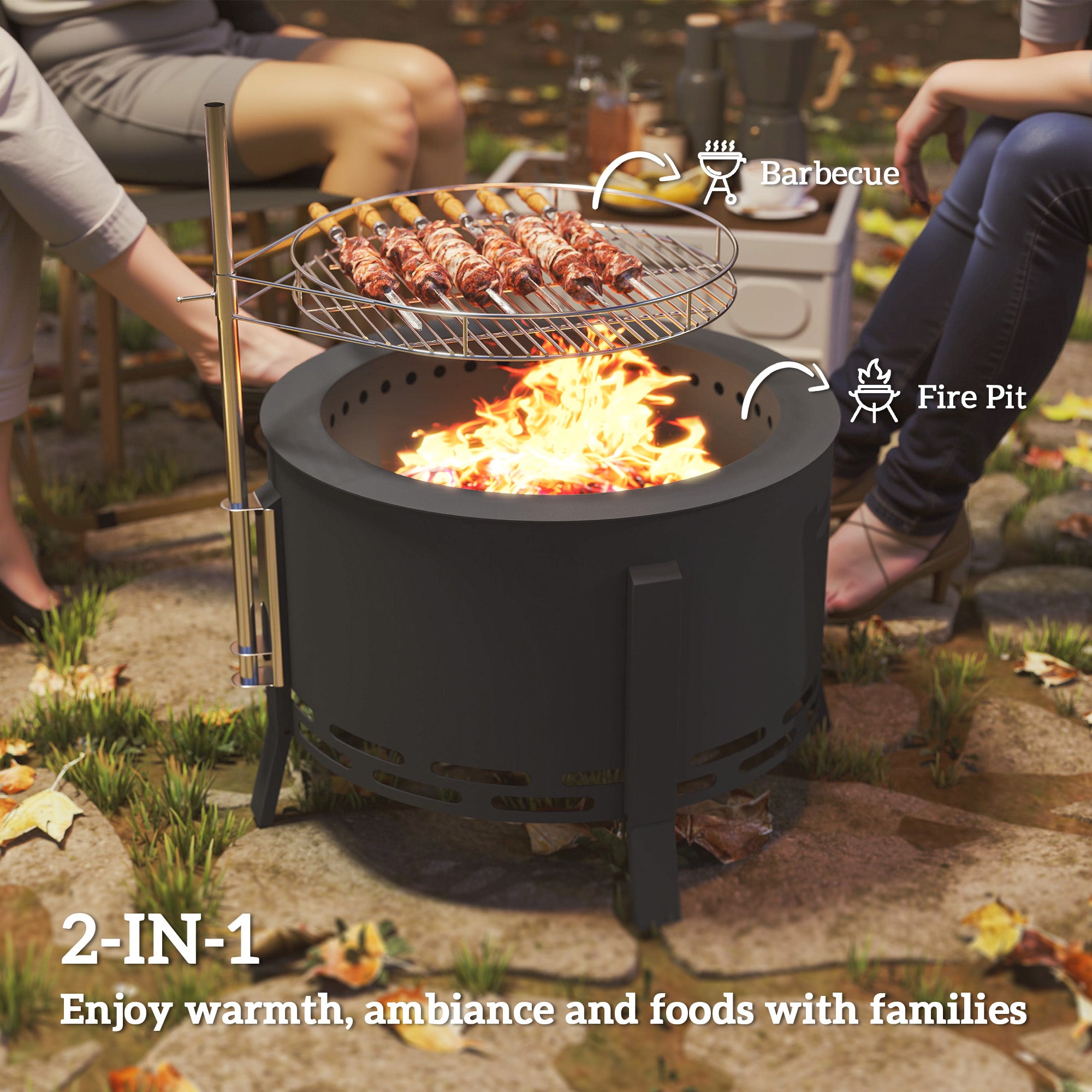 Outsunny Portable Fire Pit, 58 cm Round Firepit with Grill Grate, Fire Bowl with Ash Catcher and Poker, Fire Pit BBQ for Garden Camping Bonfire Picnic, Black - North Peak Garden Furniture