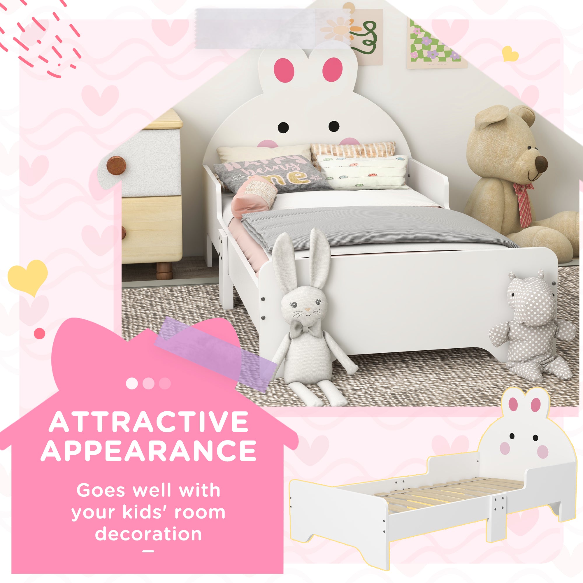 ZONEKIZ Wooden Kids Bedroom Furniture Set with Kids Dressing Table, Stool, Bed, for 3-6 Years, Bunny-Design - North Peak Garden Furniture
