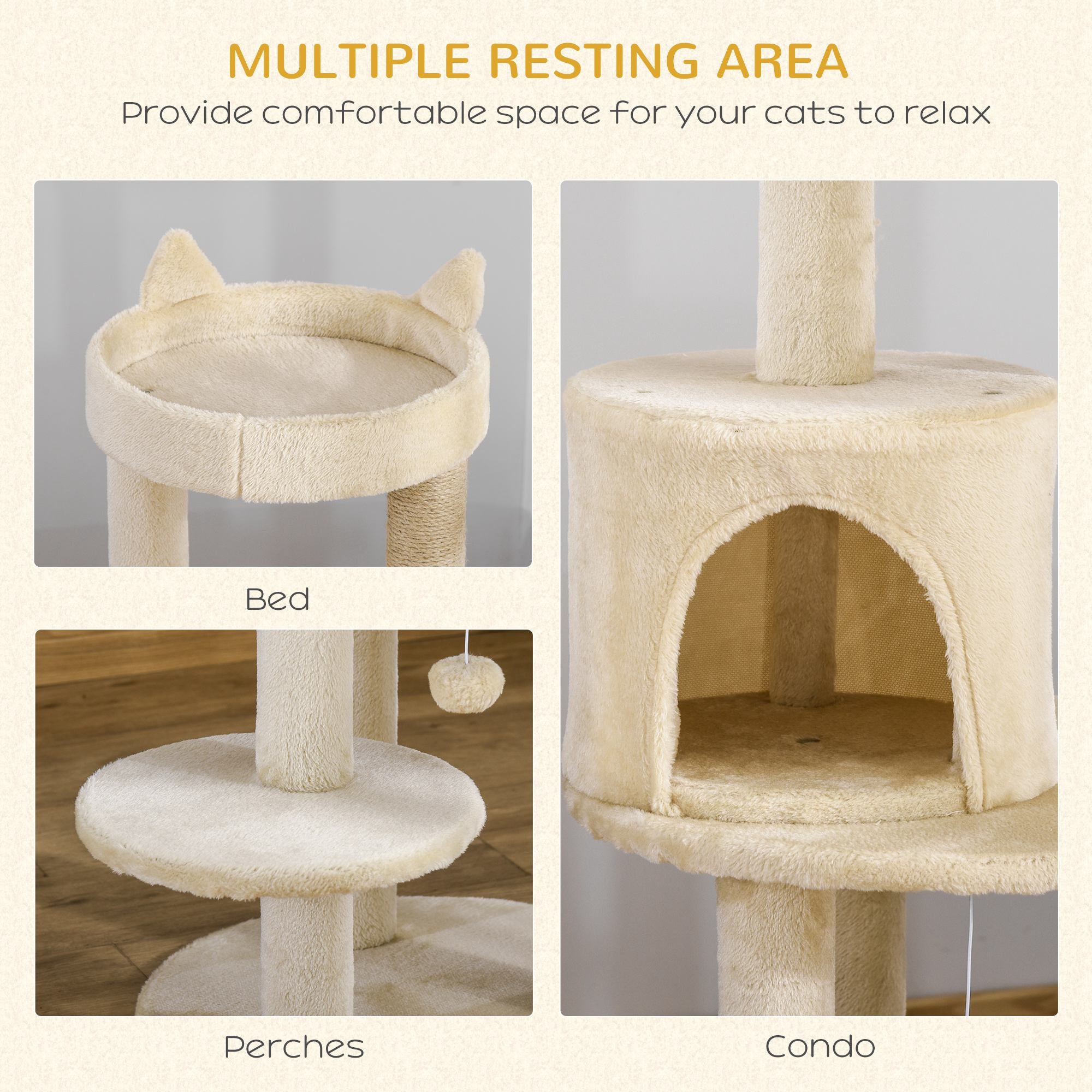 PawHut 104 cm Cat Tree, Cat Condo Tree Tower, Cat Activity Centre with Scratching Posts, Plush Perch, Hanging Ball - Cream White