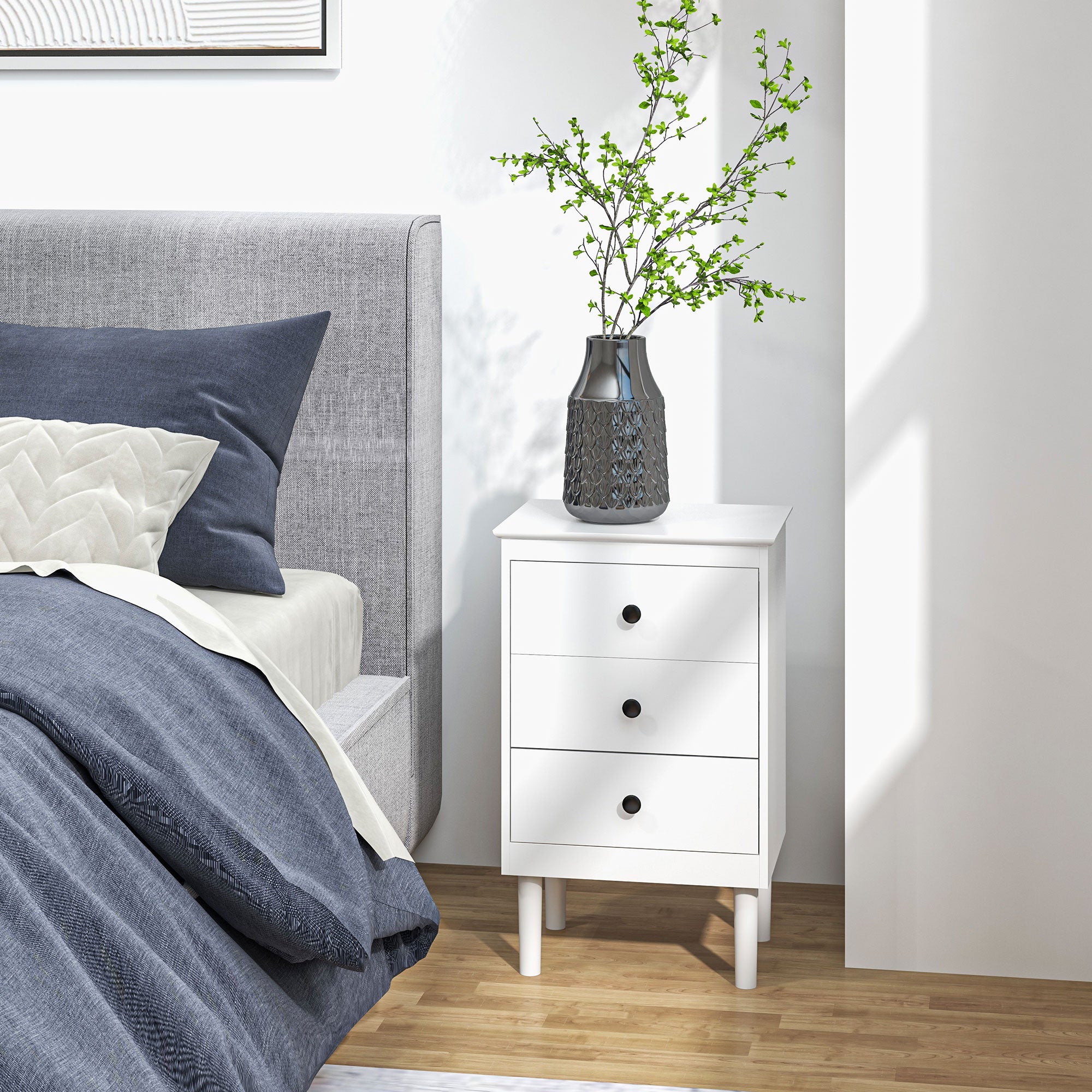 HOMCOM Set of Two Three-Drawer Modern Bedside Tables - White - North Peak Garden Furniture