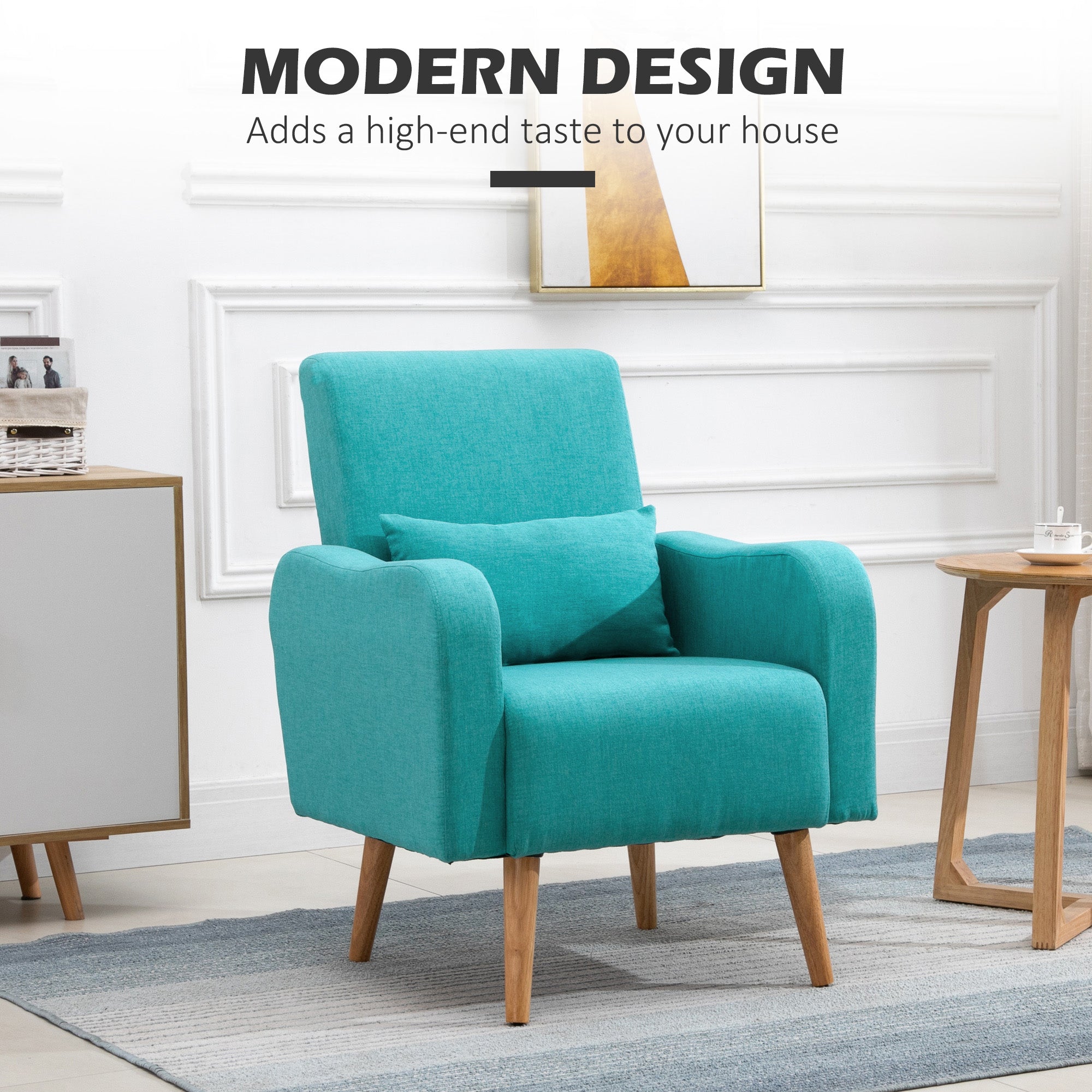 HOMCOM Accent Chair, Linen-Touch Armchair, Upholstered Leisure Lounge Sofa for Living Room, Club Chair with Wooden Frame, Teal - North Peak Garden Furniture