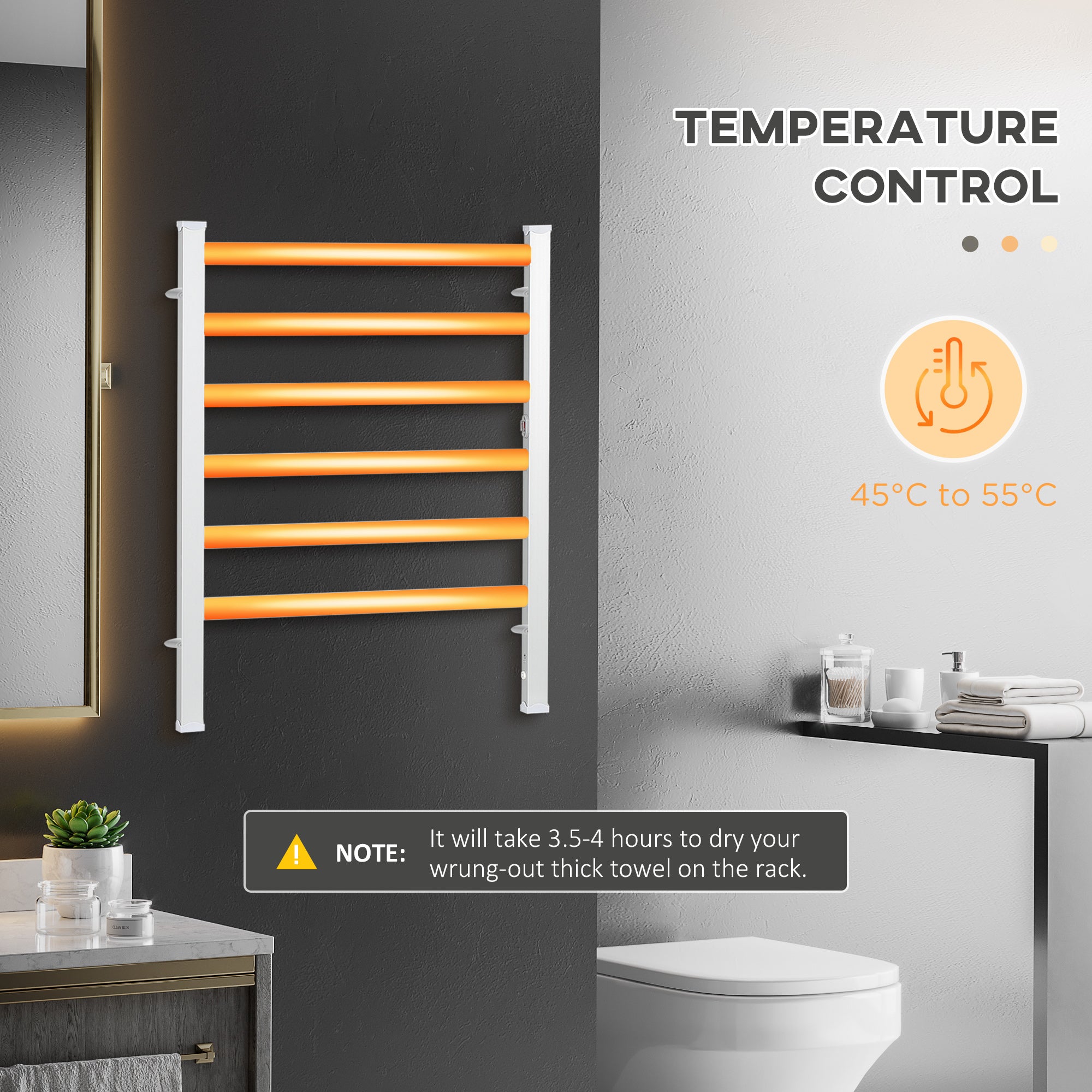 HOMCOM Electric Towel Warmer, 6 Bar Aluminum Heated Towel Rail, Wall Mounted & Free Standing Towel Drying Rack for Bathroom, Plug-in, Silver - North Peak Garden Furniture