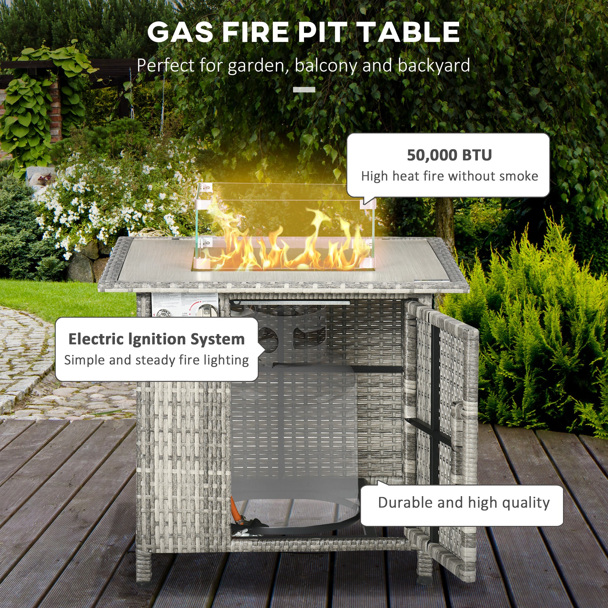 Outsunny Outdoor PE Rattan Gas Fire Pit Table, Patio Square Propane Heater with Rain Cover, Glass Windscreen, and Lava Stone, 50,000 BTU, Grey - North Peak Garden Furniture