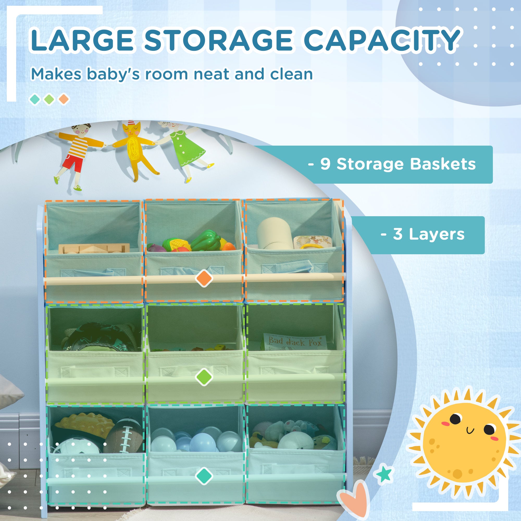 ZONEKIZ Kids Storage Rack, with Nine Removable Baskets, for Nursery, Bedroom, Playroom - Blue - North Peak Garden Furniture